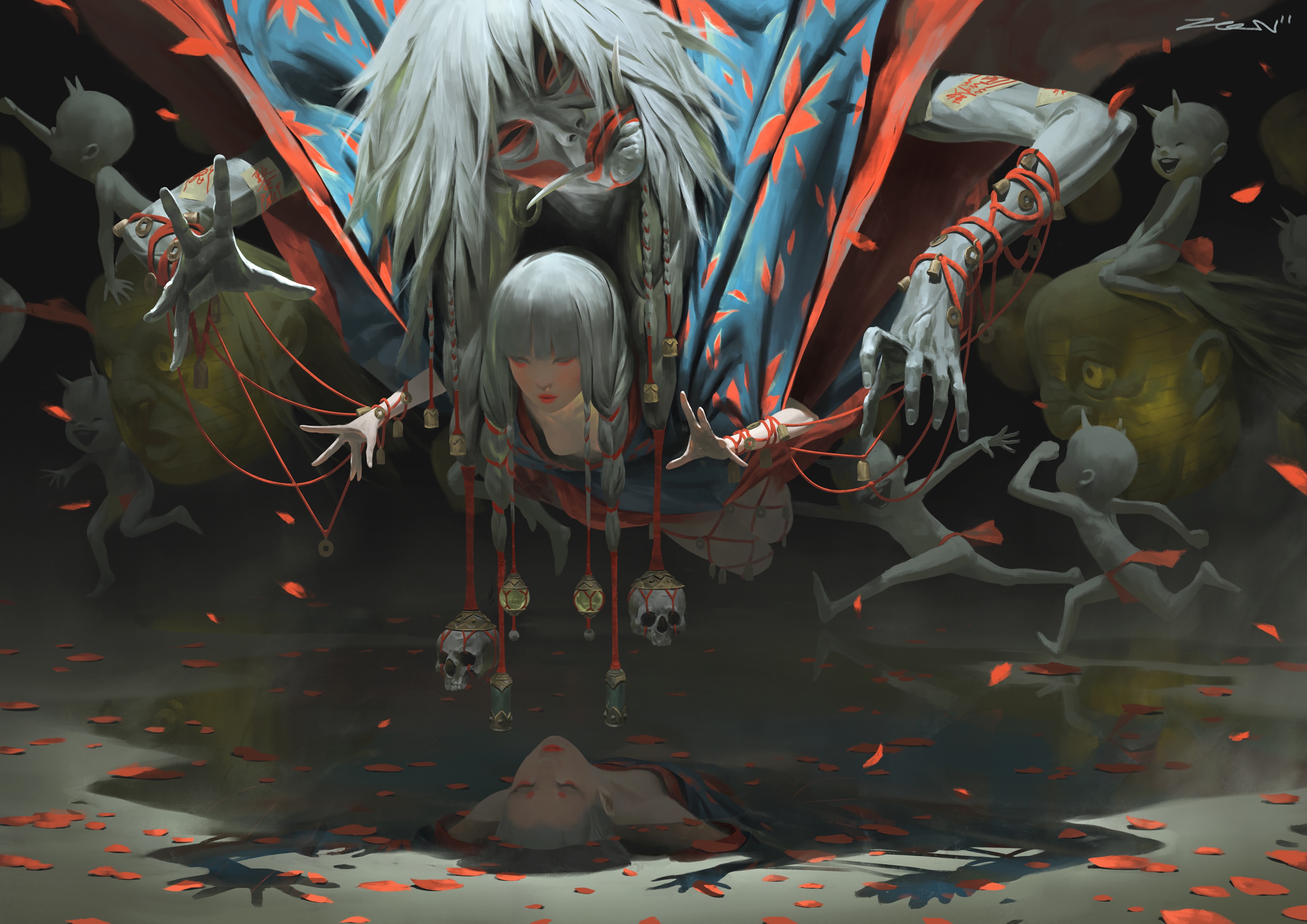 Zeen Chin's artwork of a puppet master and dolls HD Wallpaper