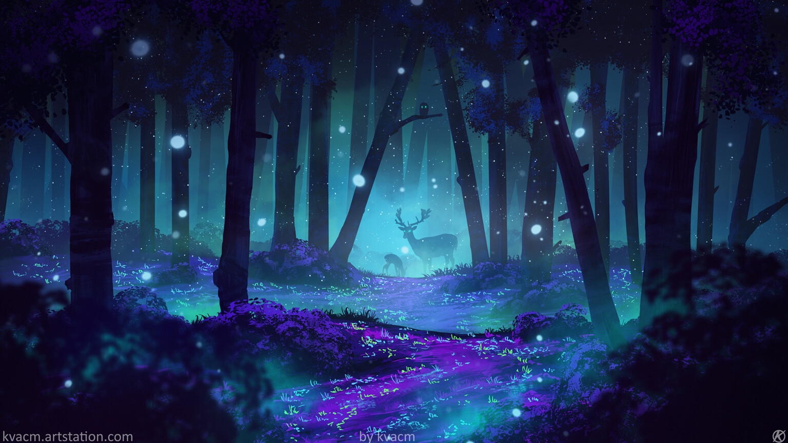 Deer and fawn in a magical forest with fireflies HD Wallpaper