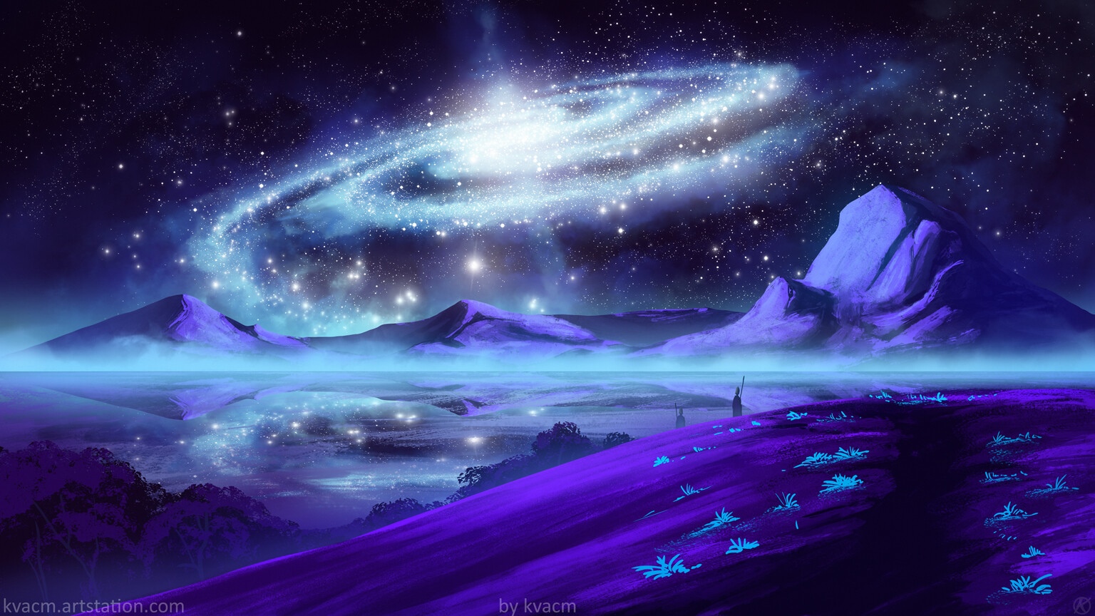 Digital art of a galaxy over a purple alien landscape HD Wallpaper