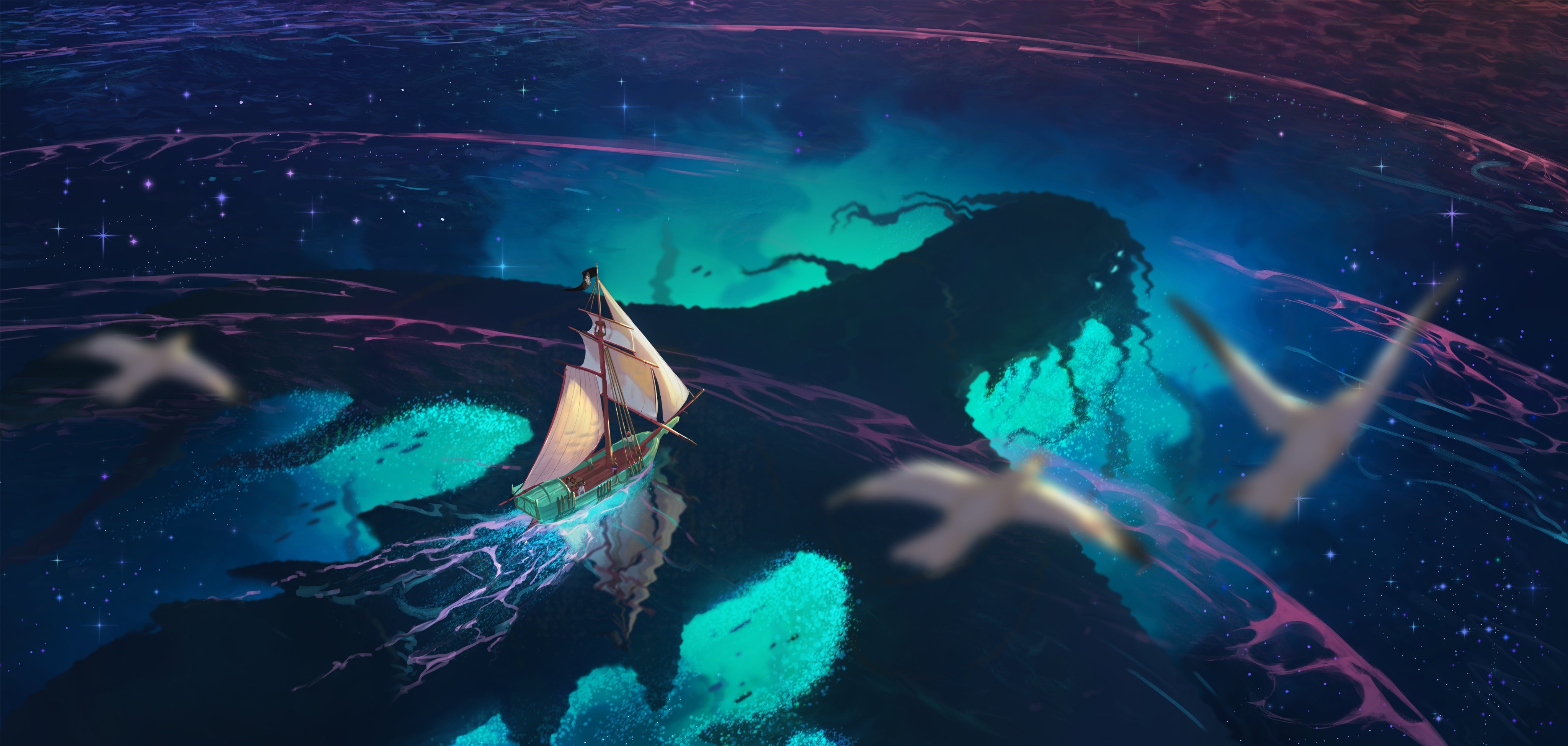 Fantasy art of a ship sailing on a cosmic sea HD Wallpaper