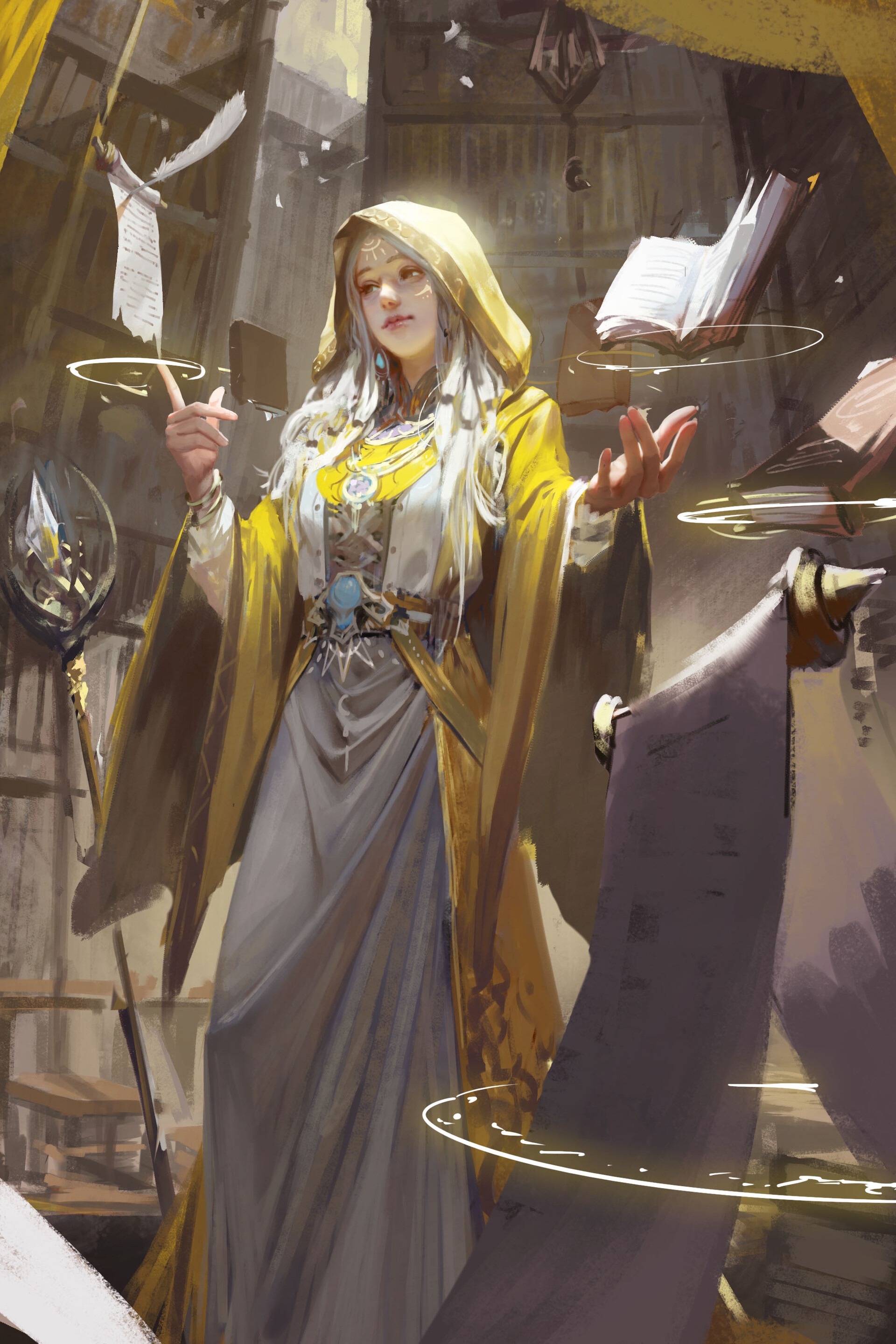 Woman in yellow robe with books HD Phone Wallpaper