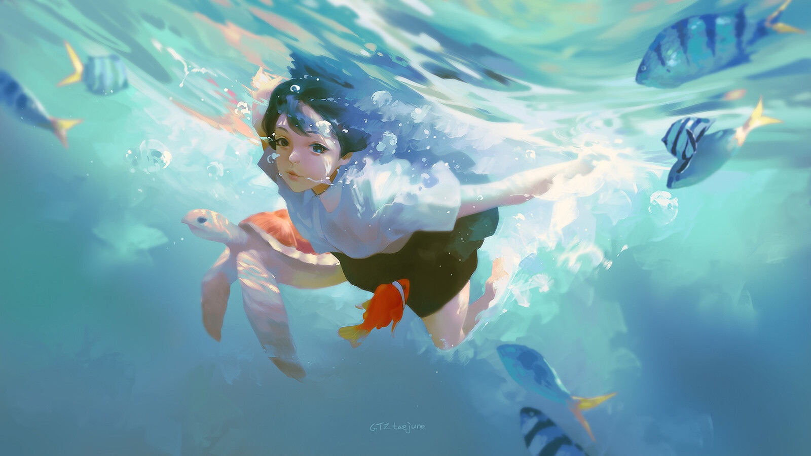 Girl swimming underwater with a turtle and fish HD Wallpaper