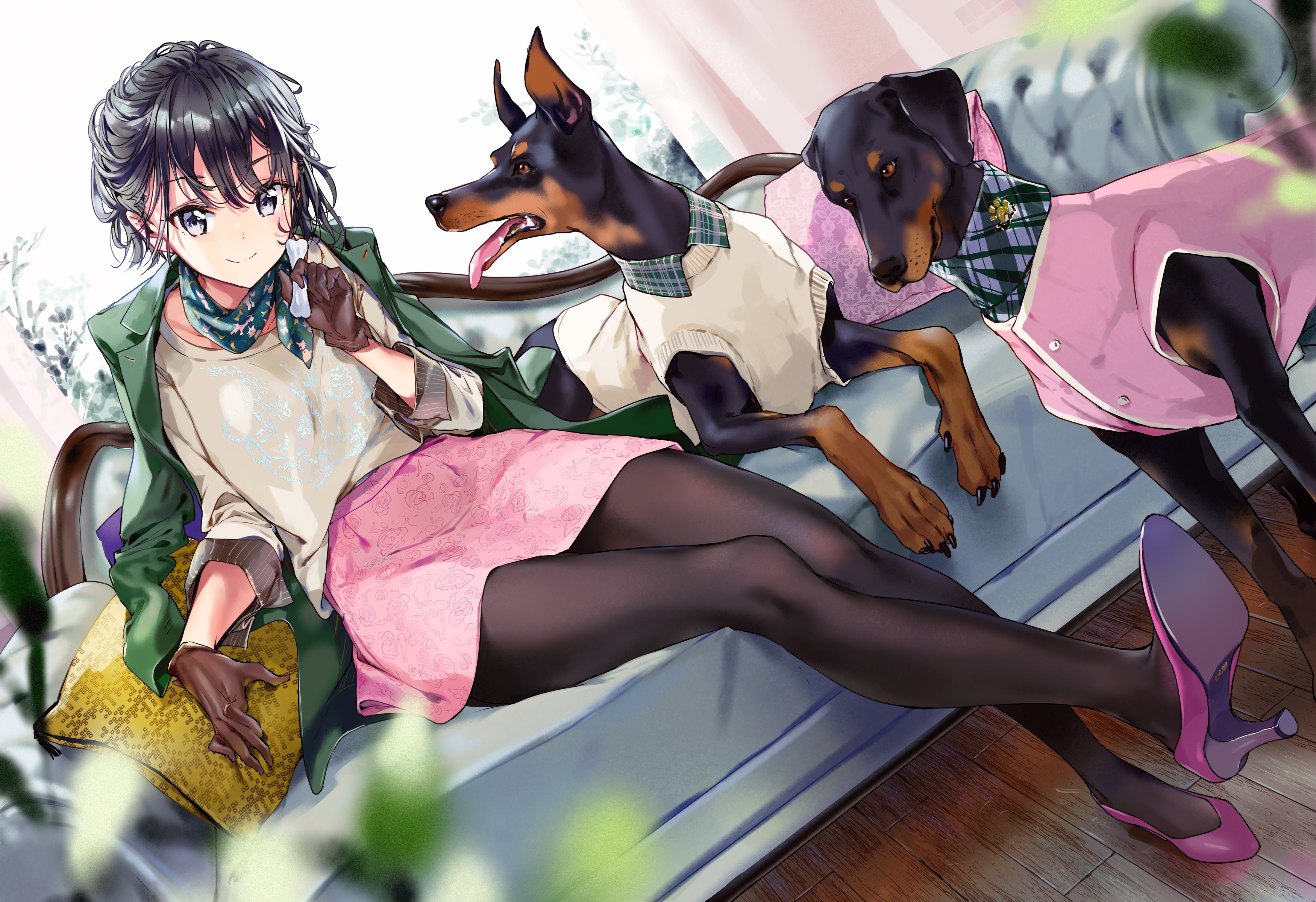 Adagaki Aki with Doberman Pinschers on a couch HD Wallpaper