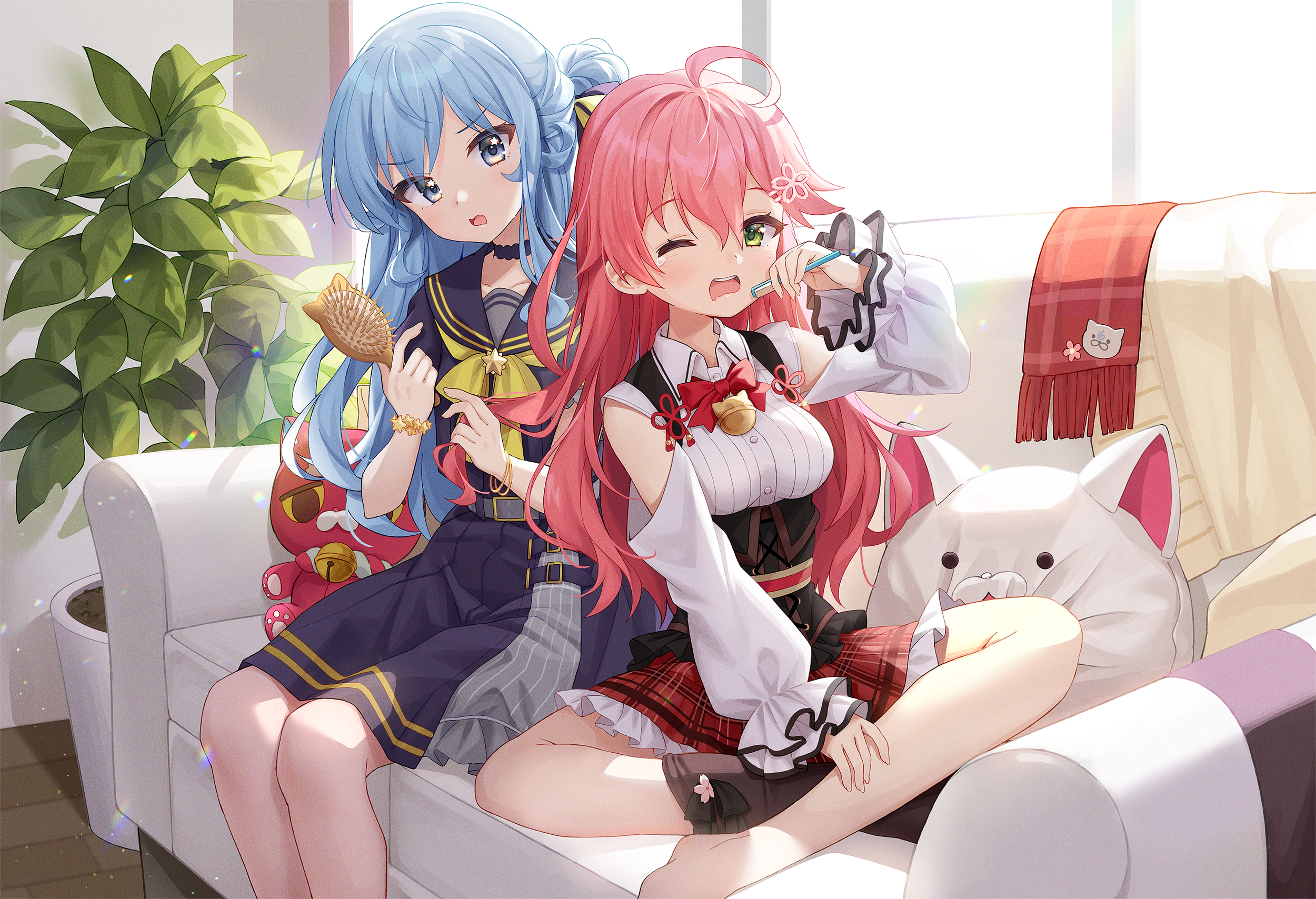 Sakura Miko and Hoshimachi Suisei brushing teeth HD Wallpaper