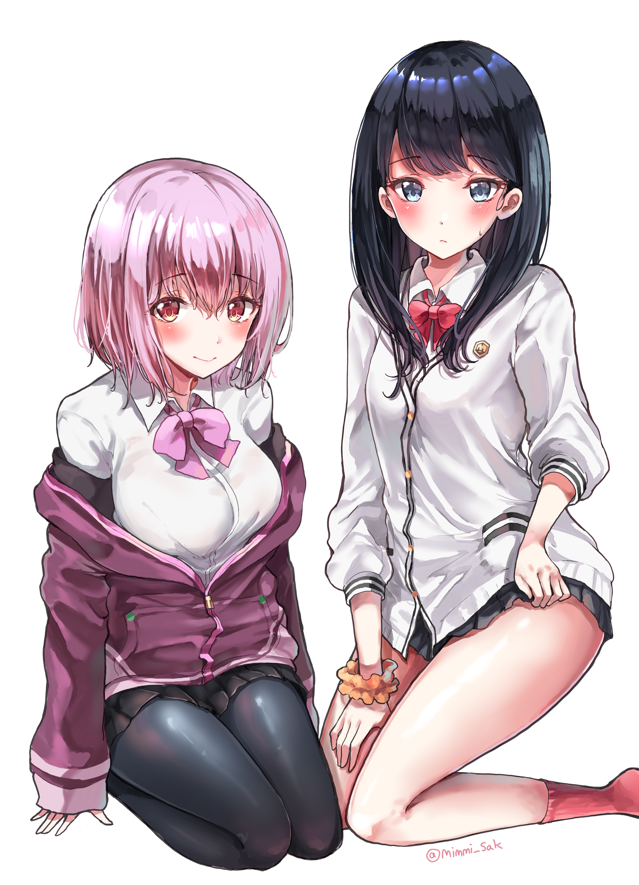 Two anime girls with pink and black hair HD Phone Wallpaper