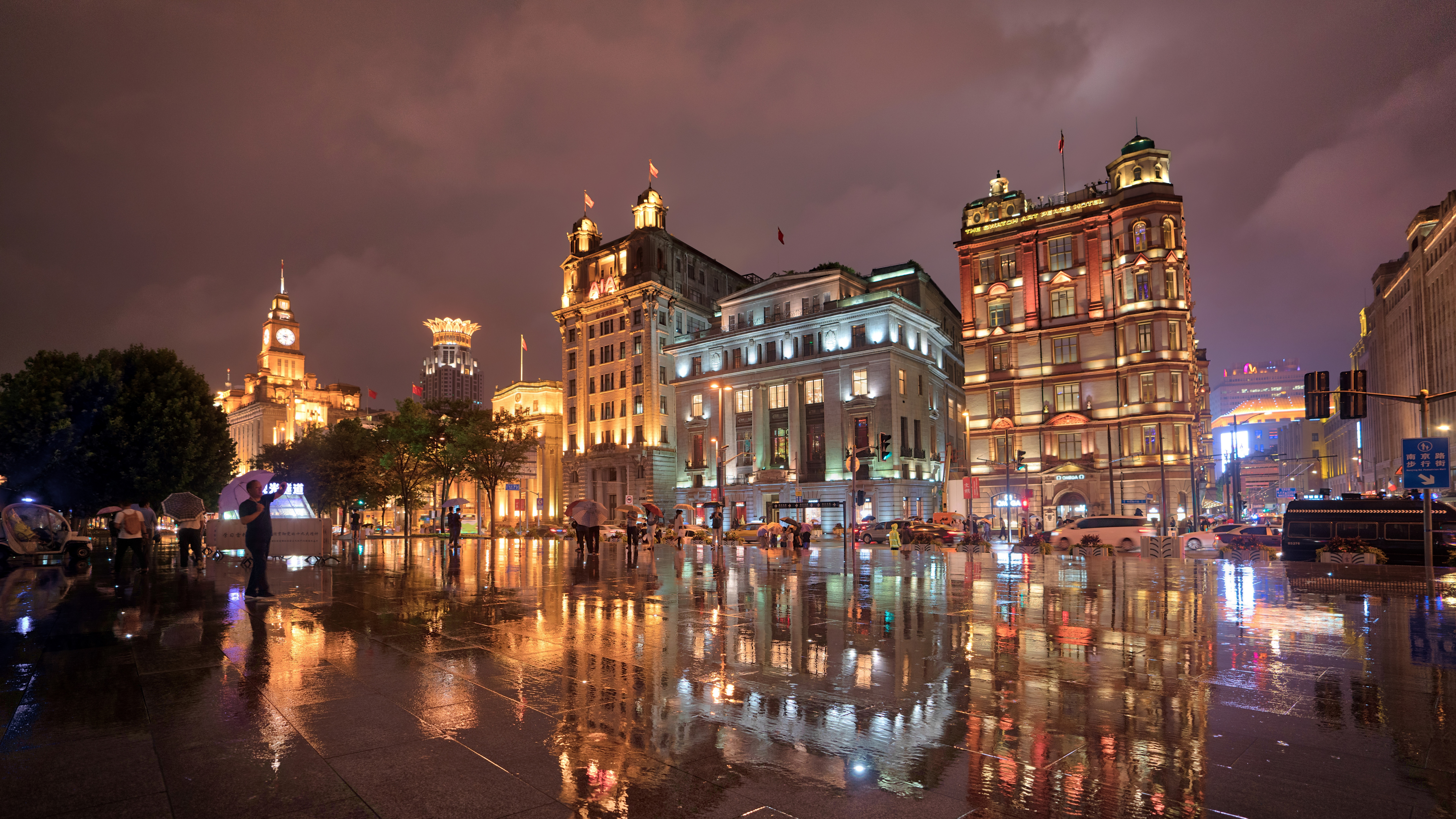 4K Shanghai buildings at night with reflections HD Wallpaper
