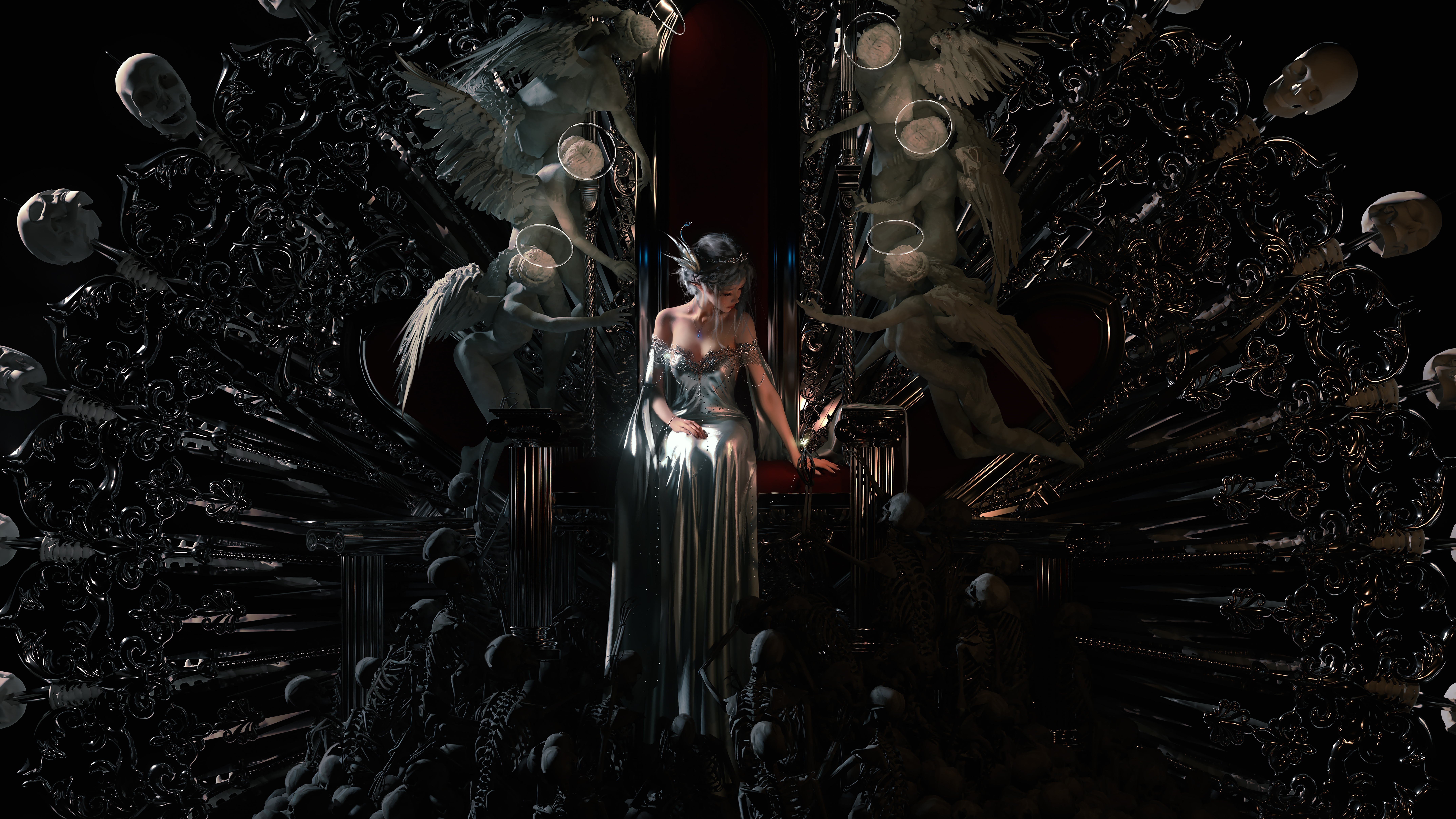 4K WLOP Queen on Throne with Angels and Skulls HD Wallpaper