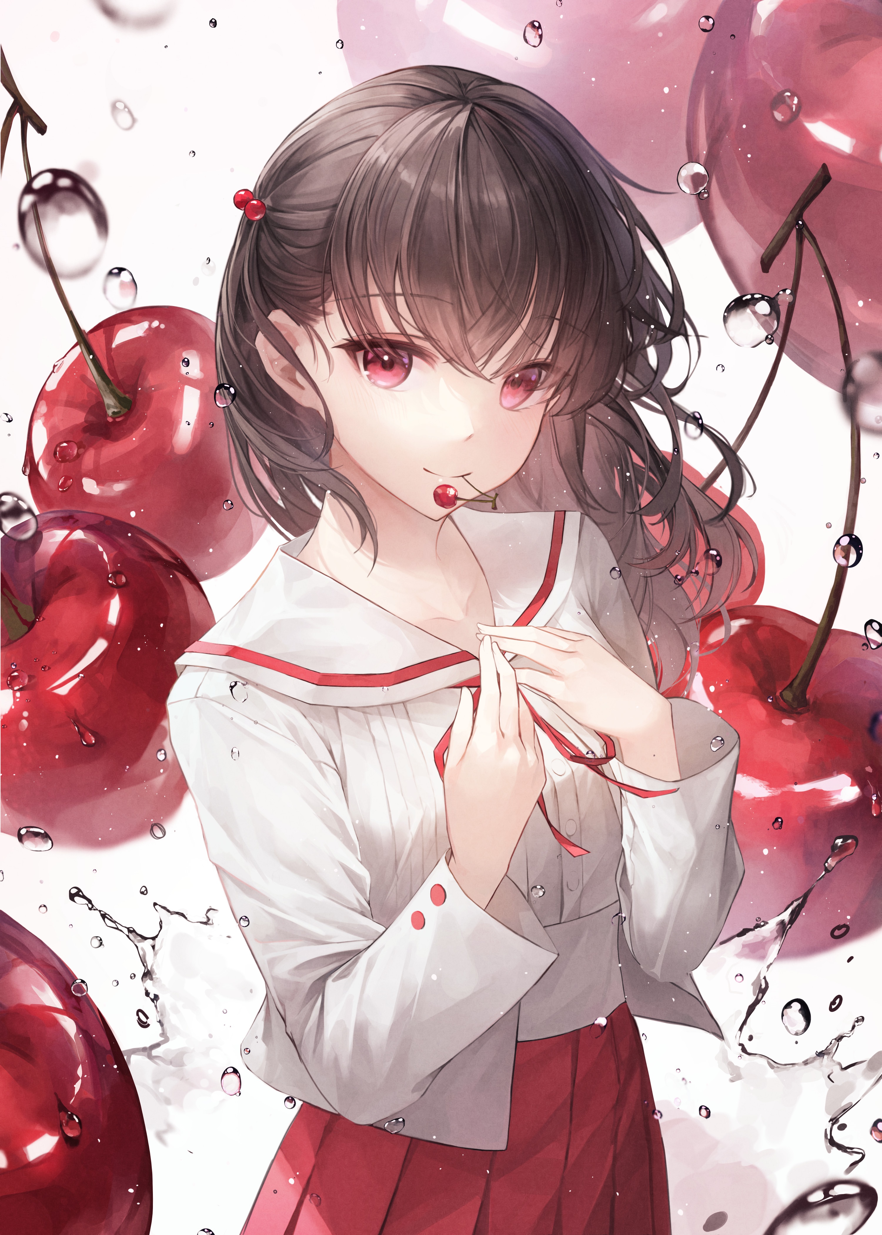 Girl with cherries and water drops HD Phone Wallpaper
