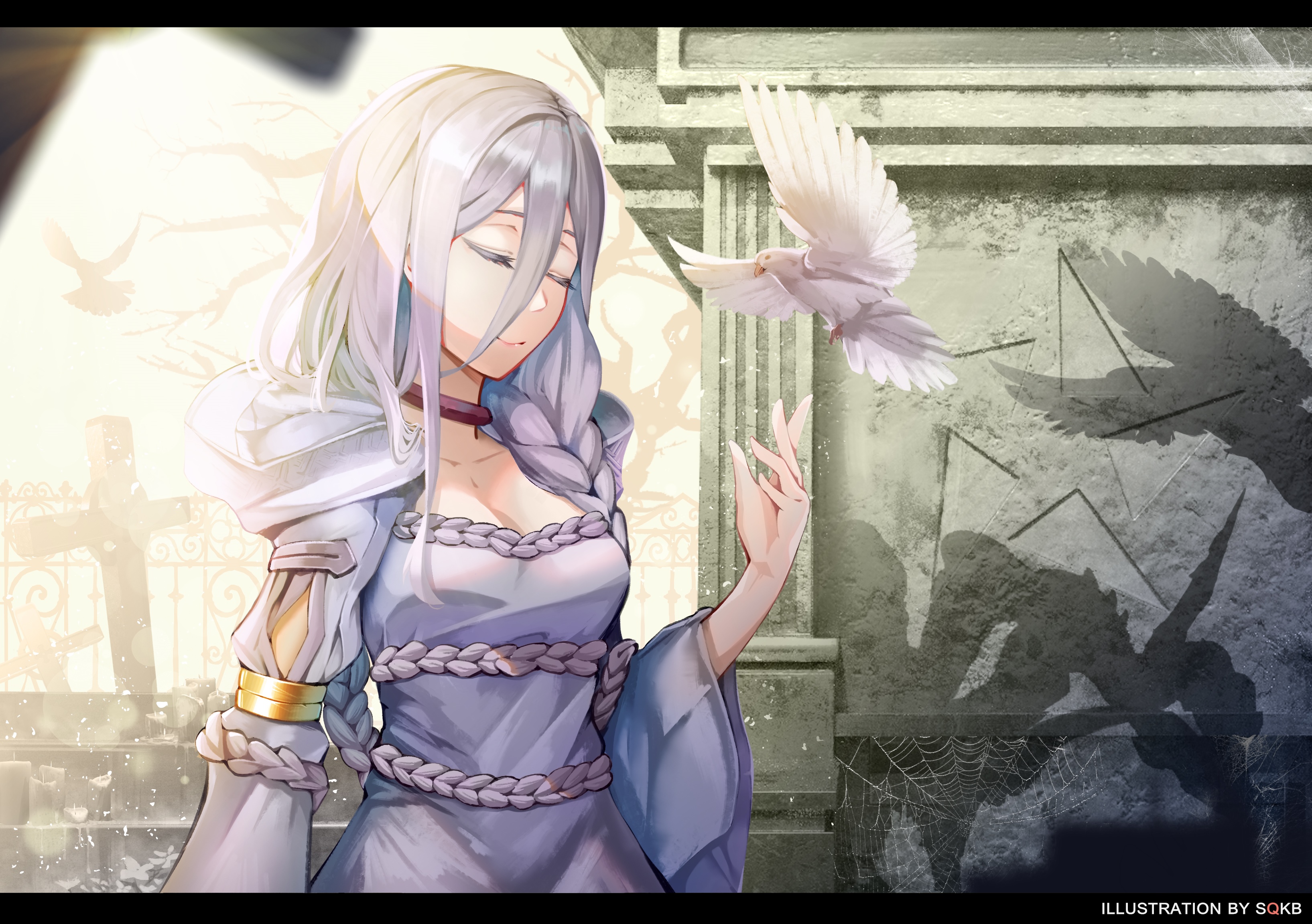Anime girl with white hair and doves in a graveyard HD Wallpaper