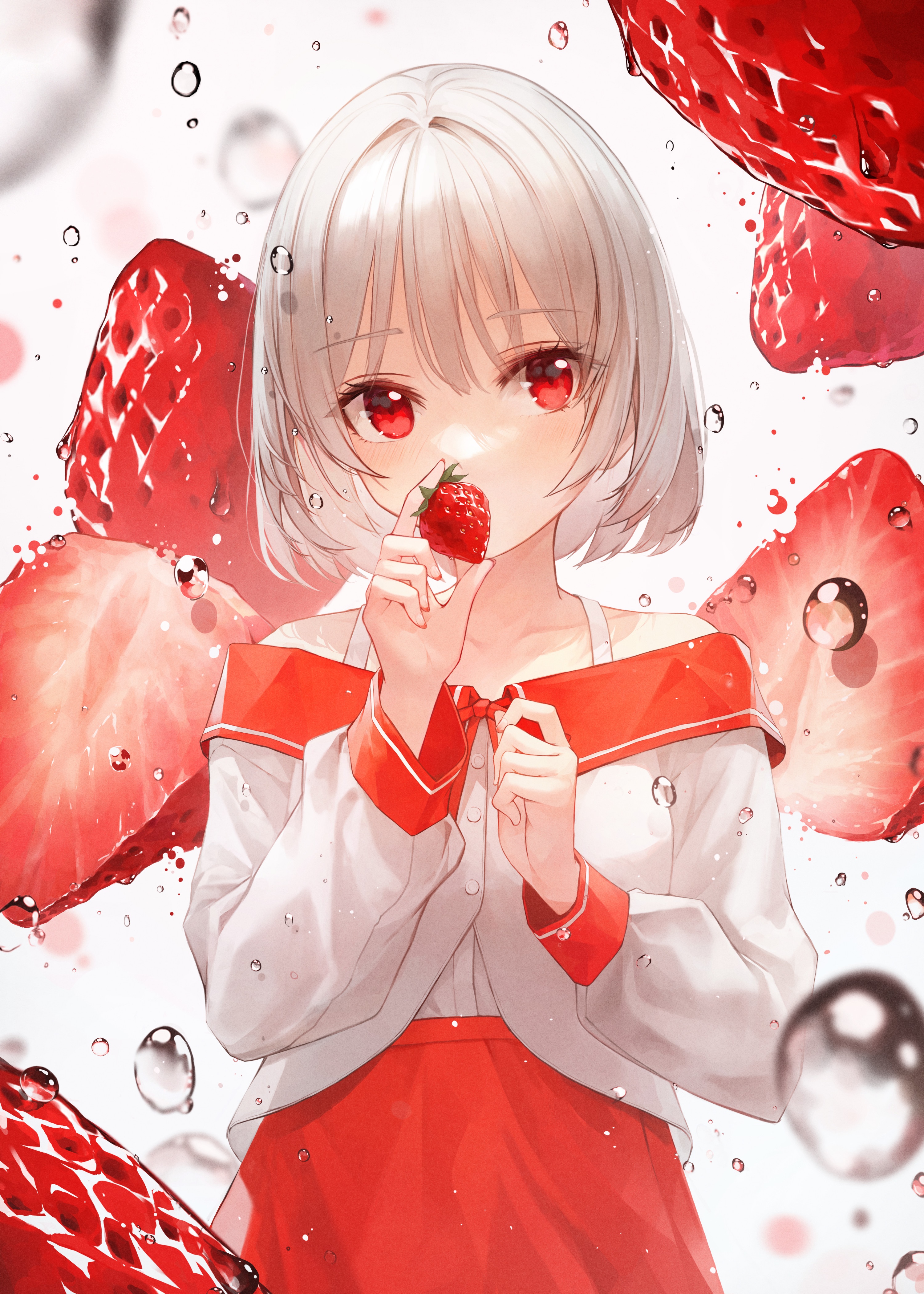 Anime girl with red eyes and strawberries HD Phone Wallpaper