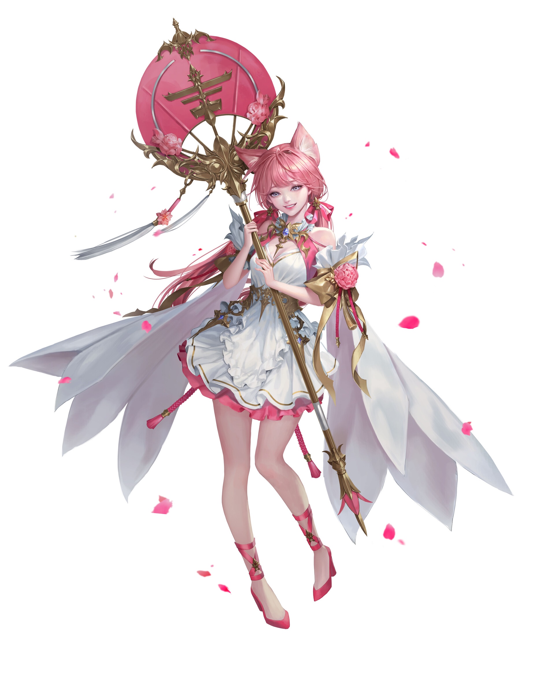 Fantasy girl with pink hair and fox ears holding a staff HD Phone Wallpaper