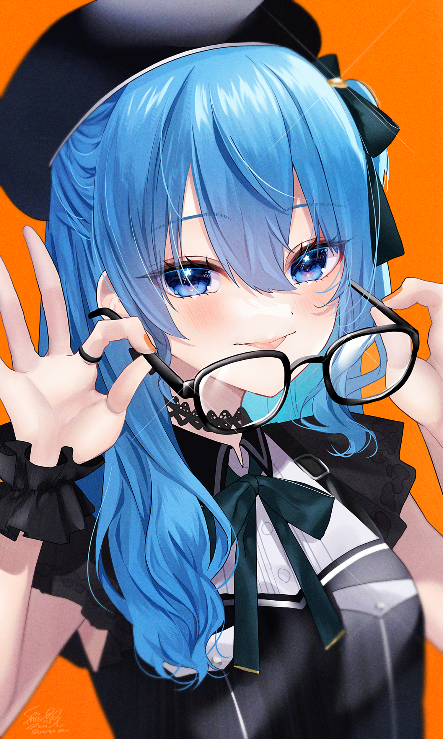 Hoshimachi Suisei holding glasses with blue hair HD Phone Wallpaper