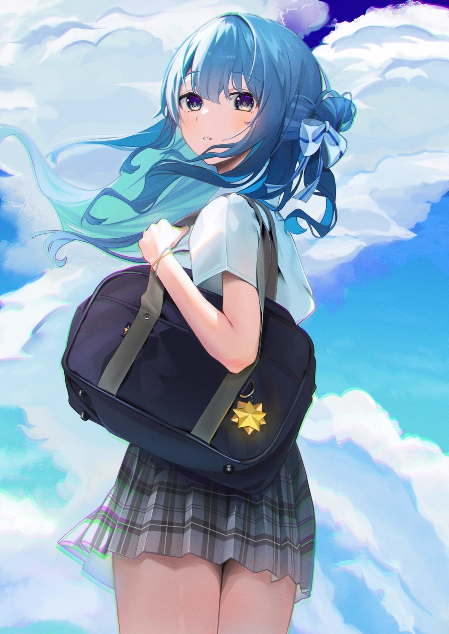 Hoshimachi Suisei with blue hair and school bag HD Phone Wallpaper
