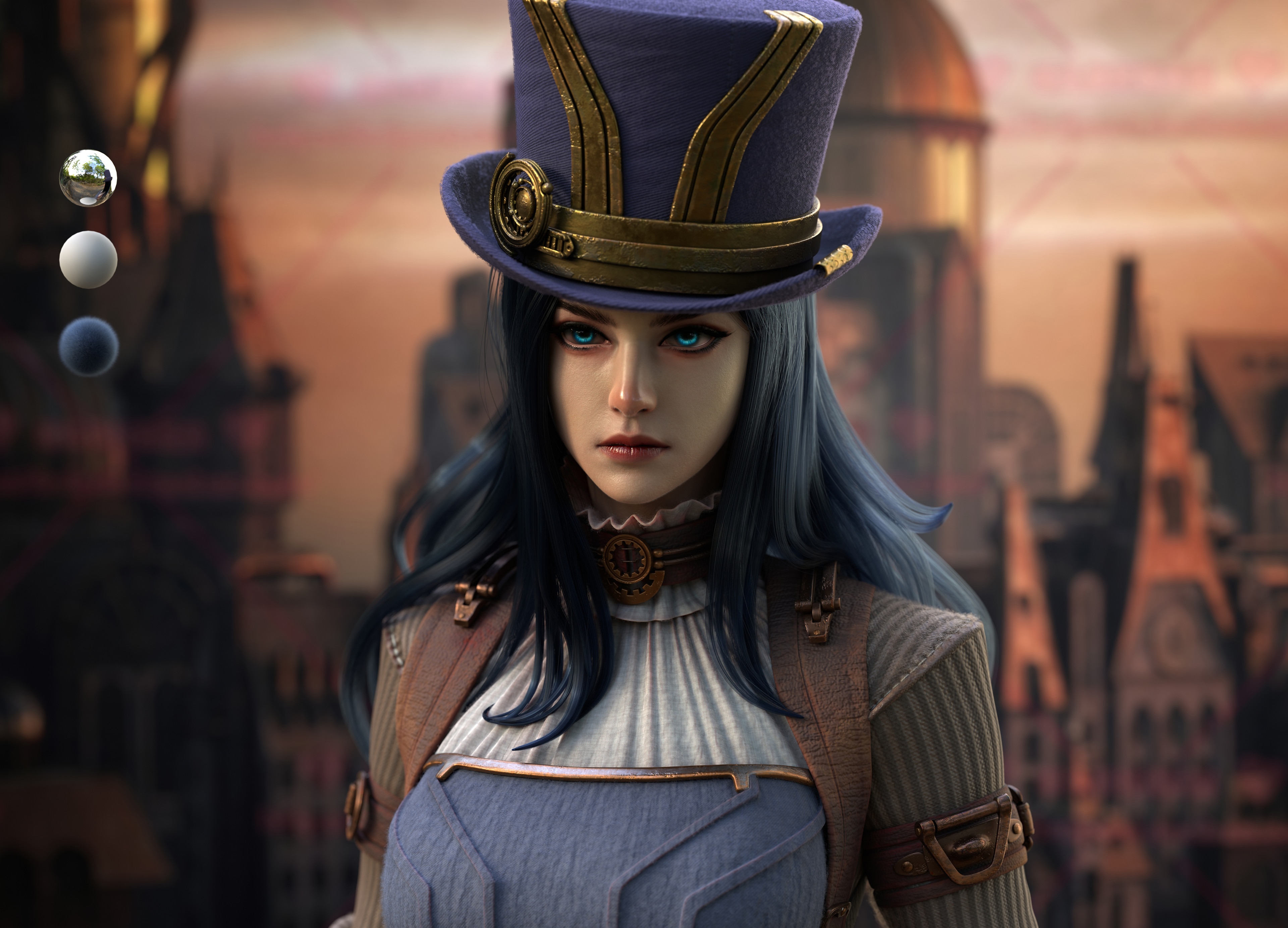 Caitlyn from League of Legends in a Steampunk Cityscape HD Wallpaper