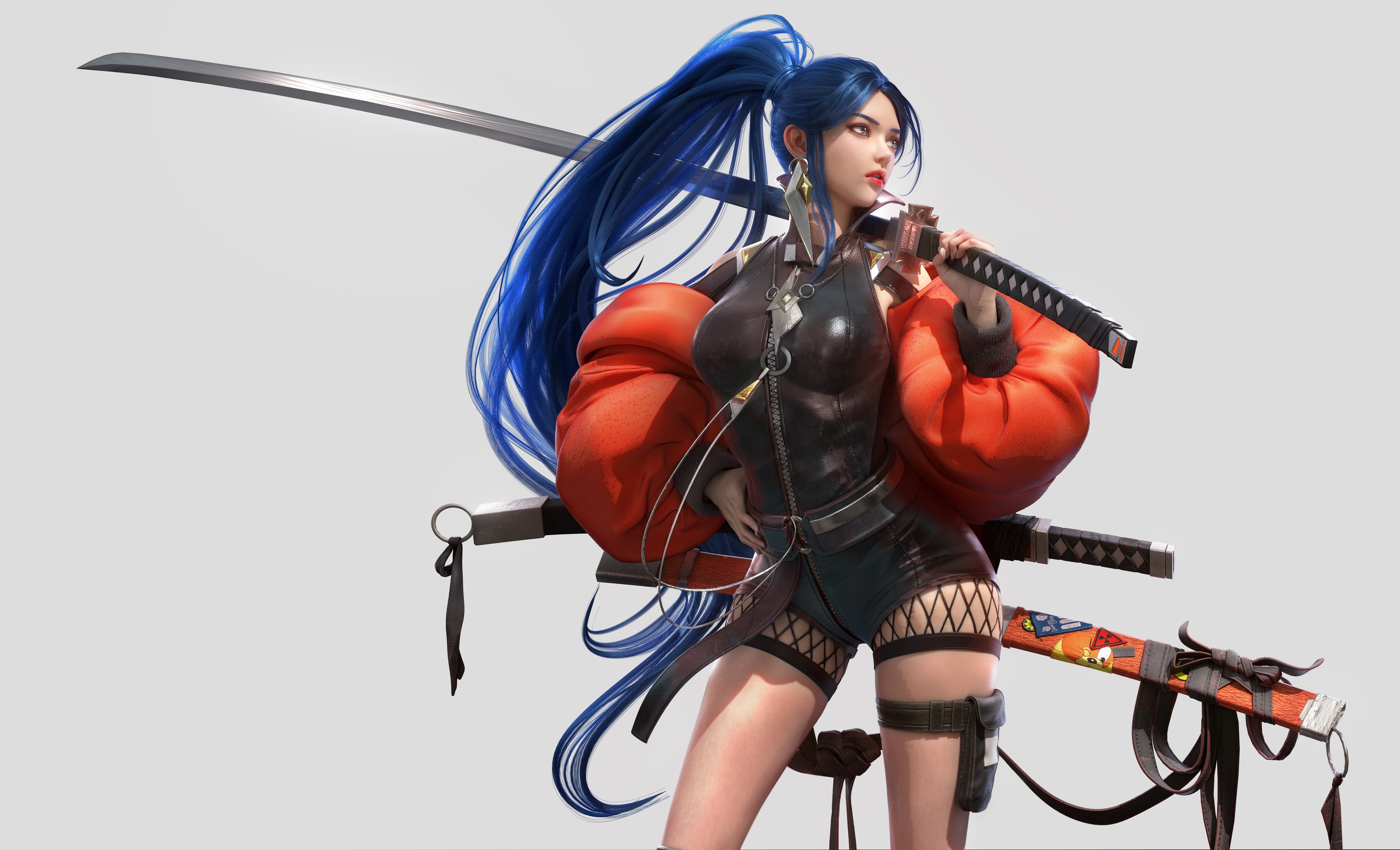 4K Blue Haired Woman with Katanas HD Wallpaper