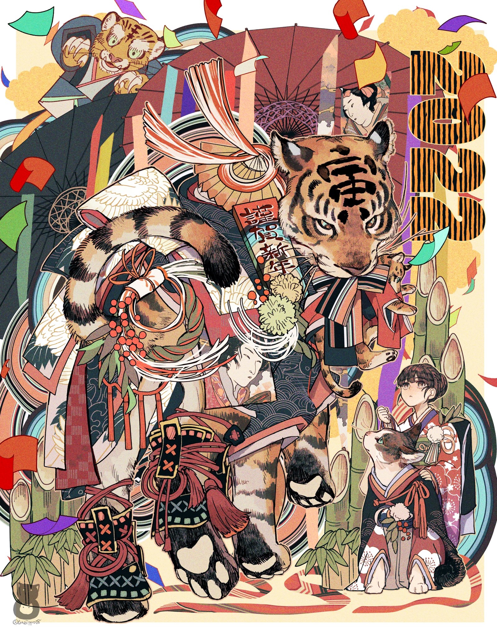 Tiger and cats in traditional Japanese attire with bamboo HD Phone Wallpaper