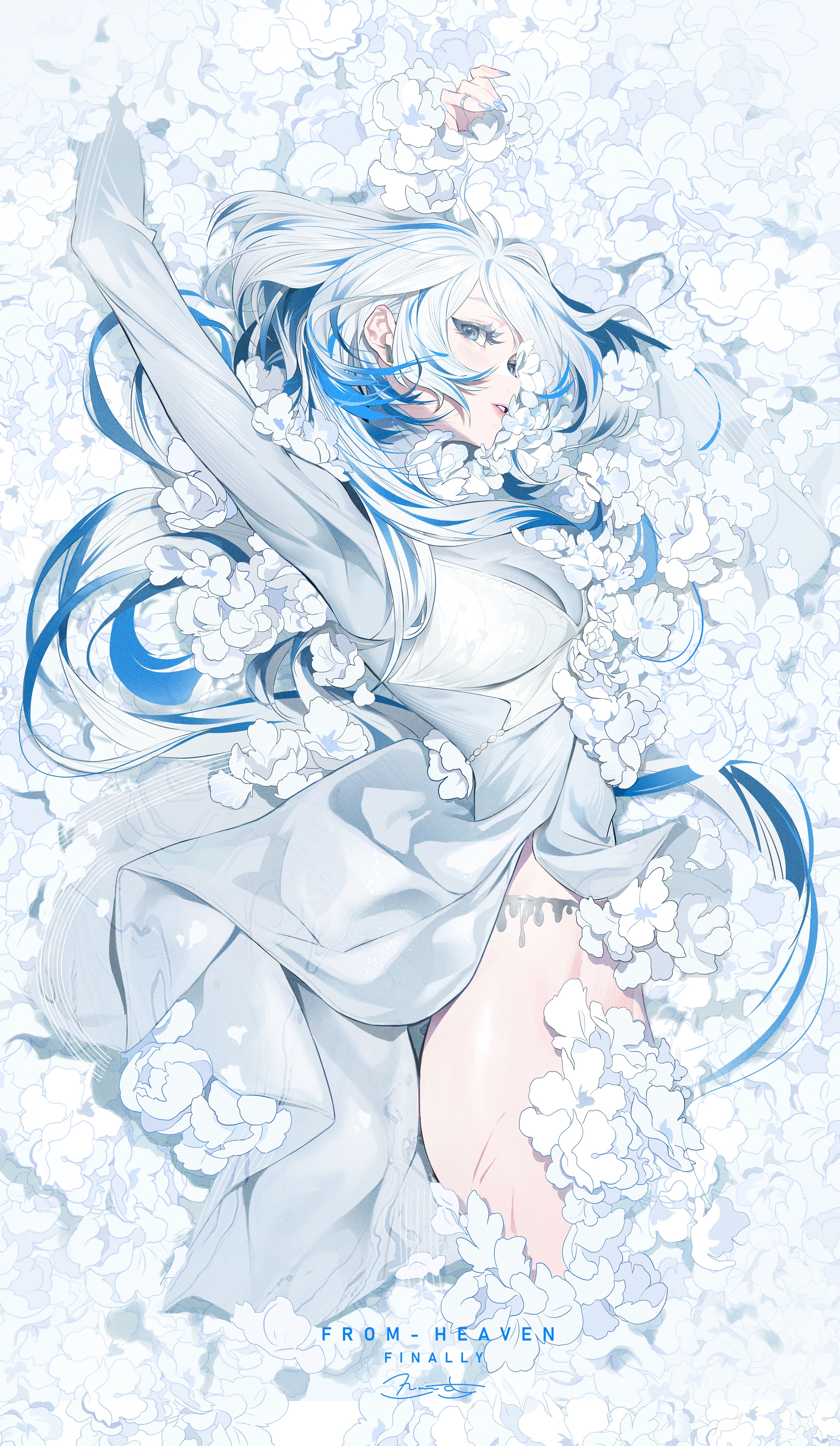 Anime girl with blue hair lying in white flowers HD Phone Wallpaper