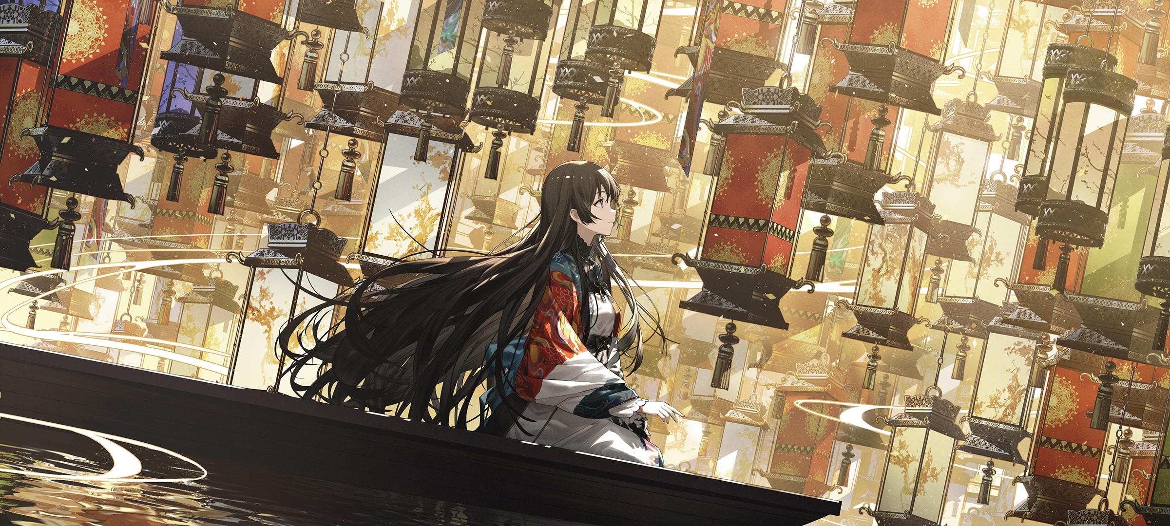 Girl in a boat surrounded by lanterns HD Wallpaper