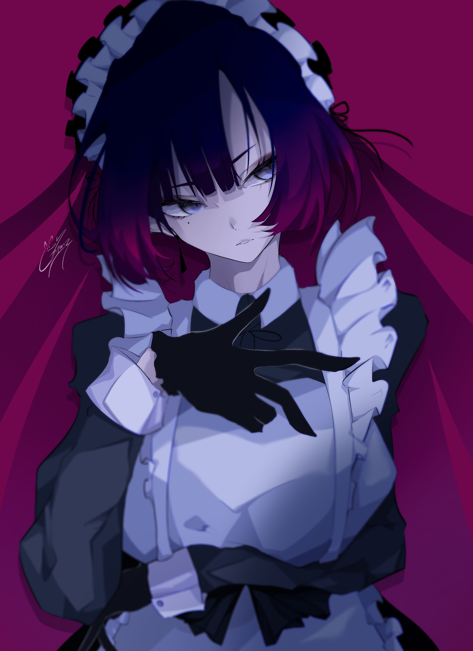 Maid with purple-tipped hair in a maid outfit HD Phone Wallpaper