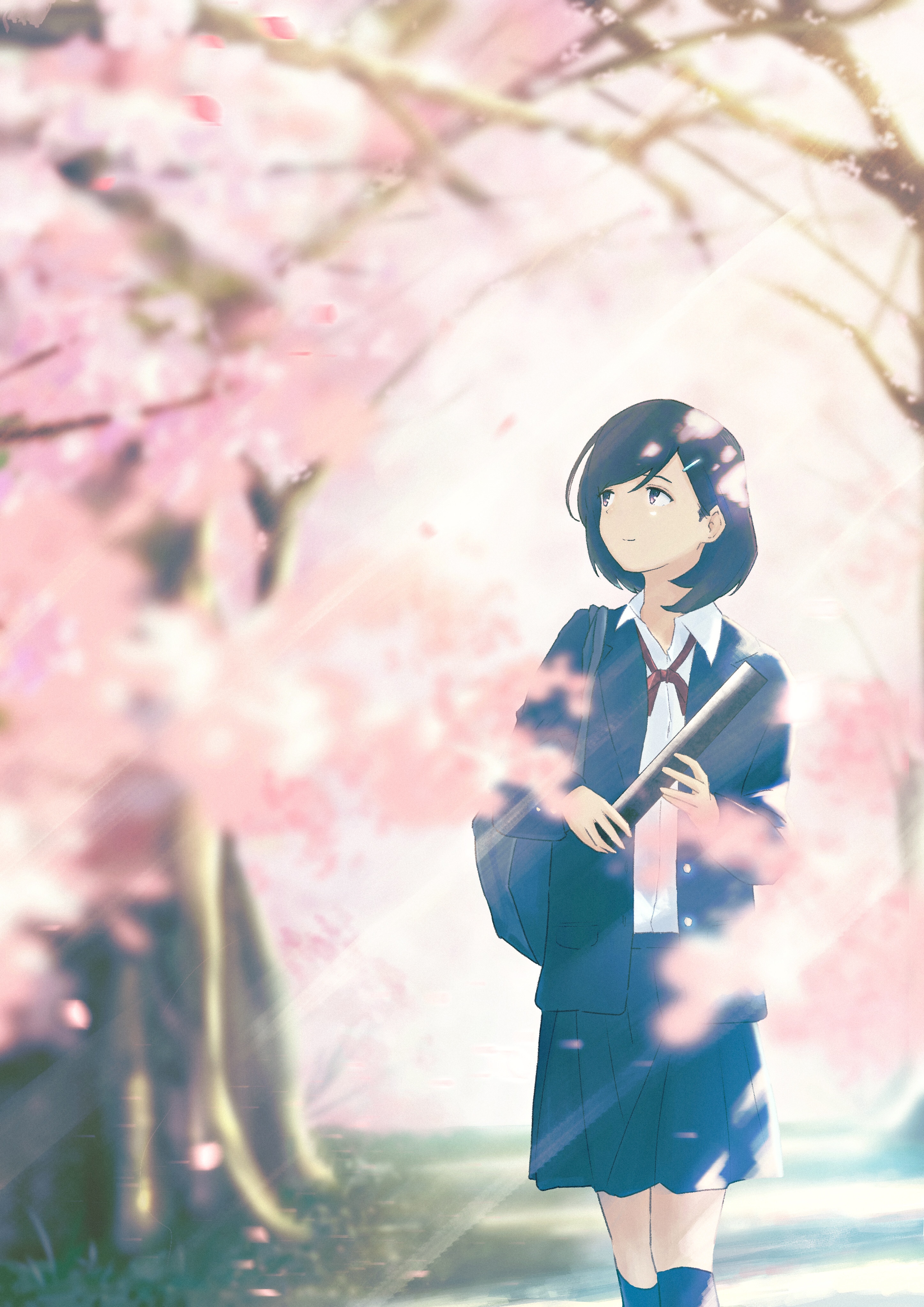 Girl in school uniform under cherry blossoms HD Phone Wallpaper
