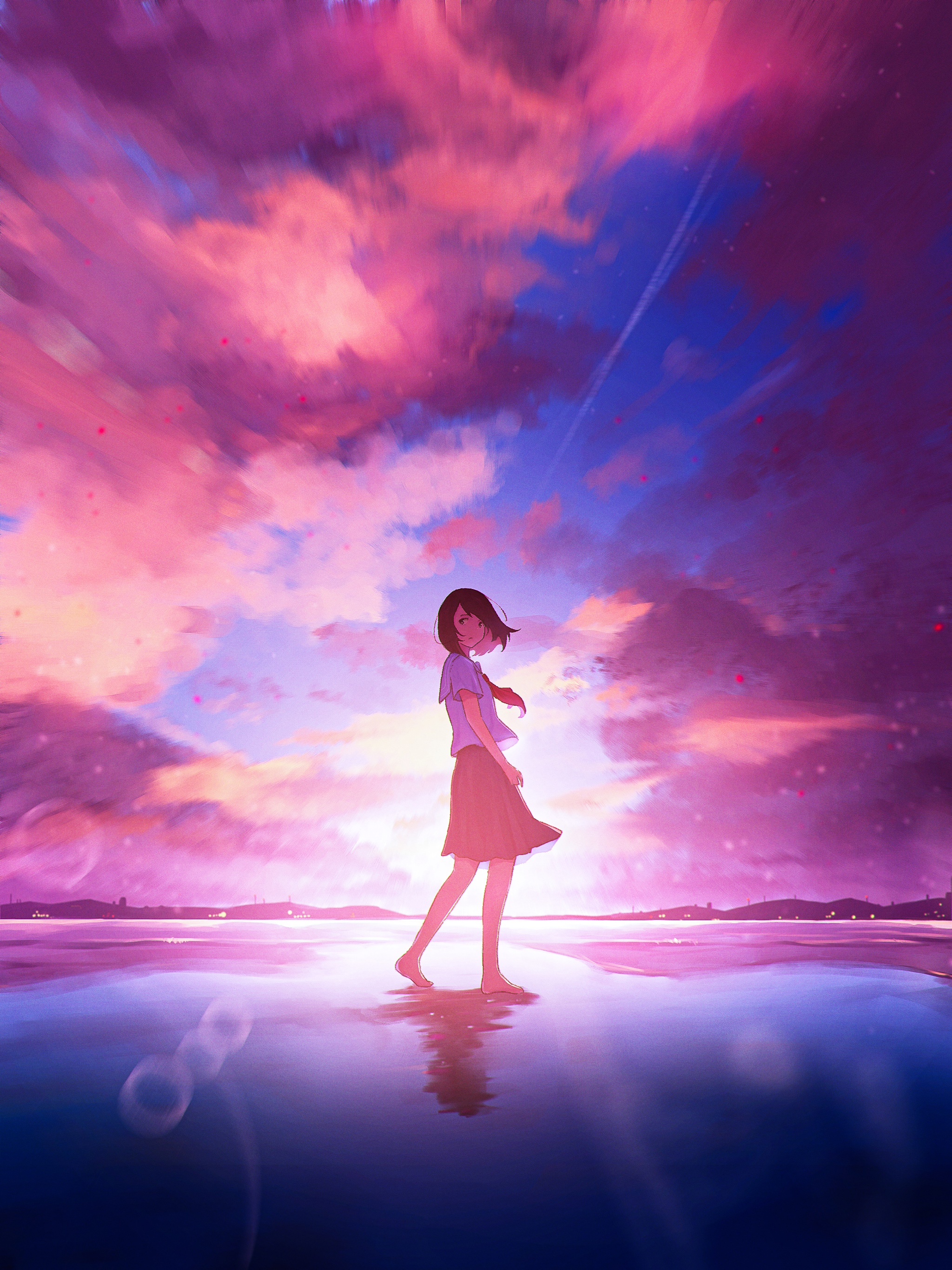 Anime girl in school uniform by the water at sunset HD Phone Wallpaper