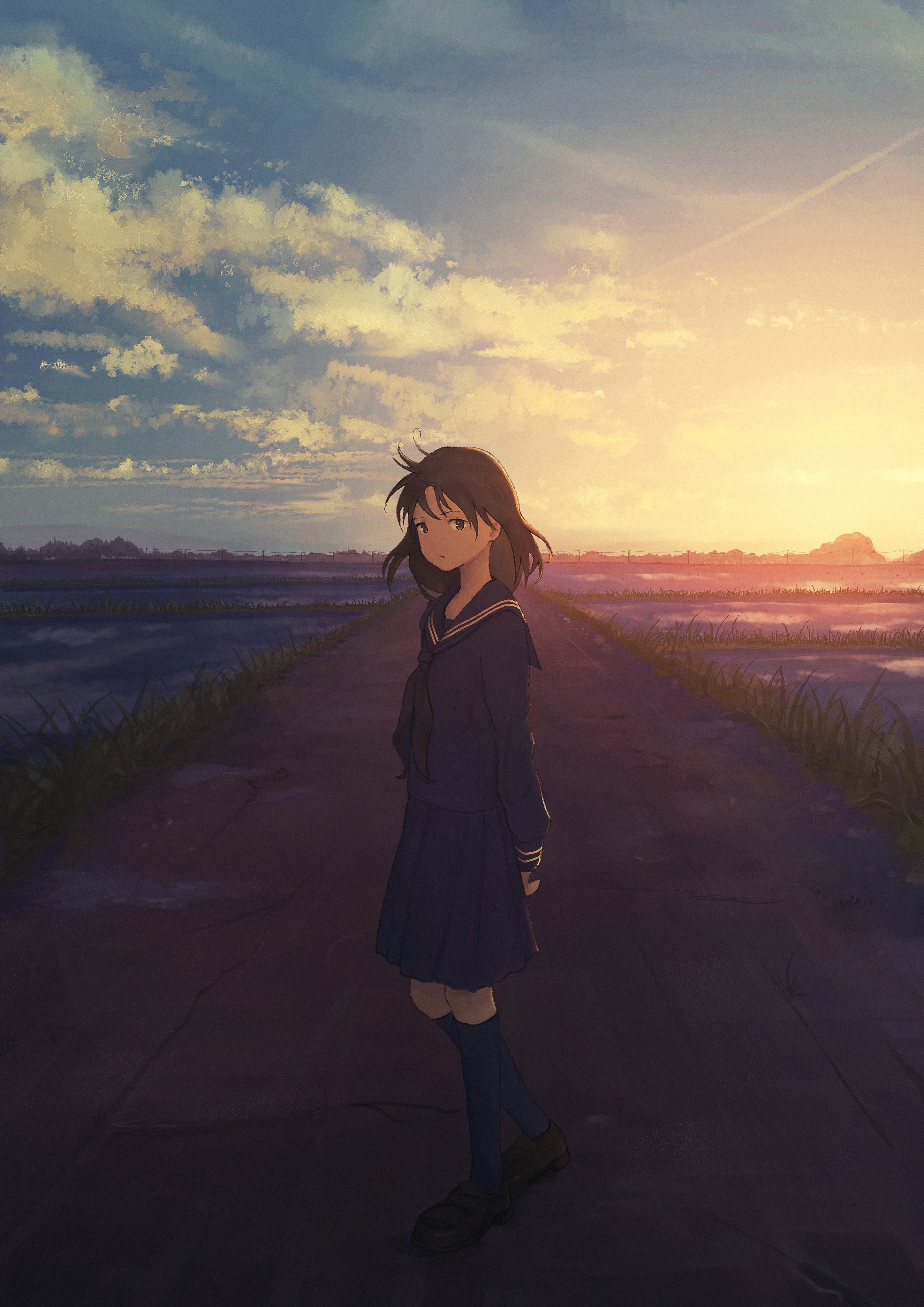 Girl in school uniform on a path at sunset HD Phone Wallpaper