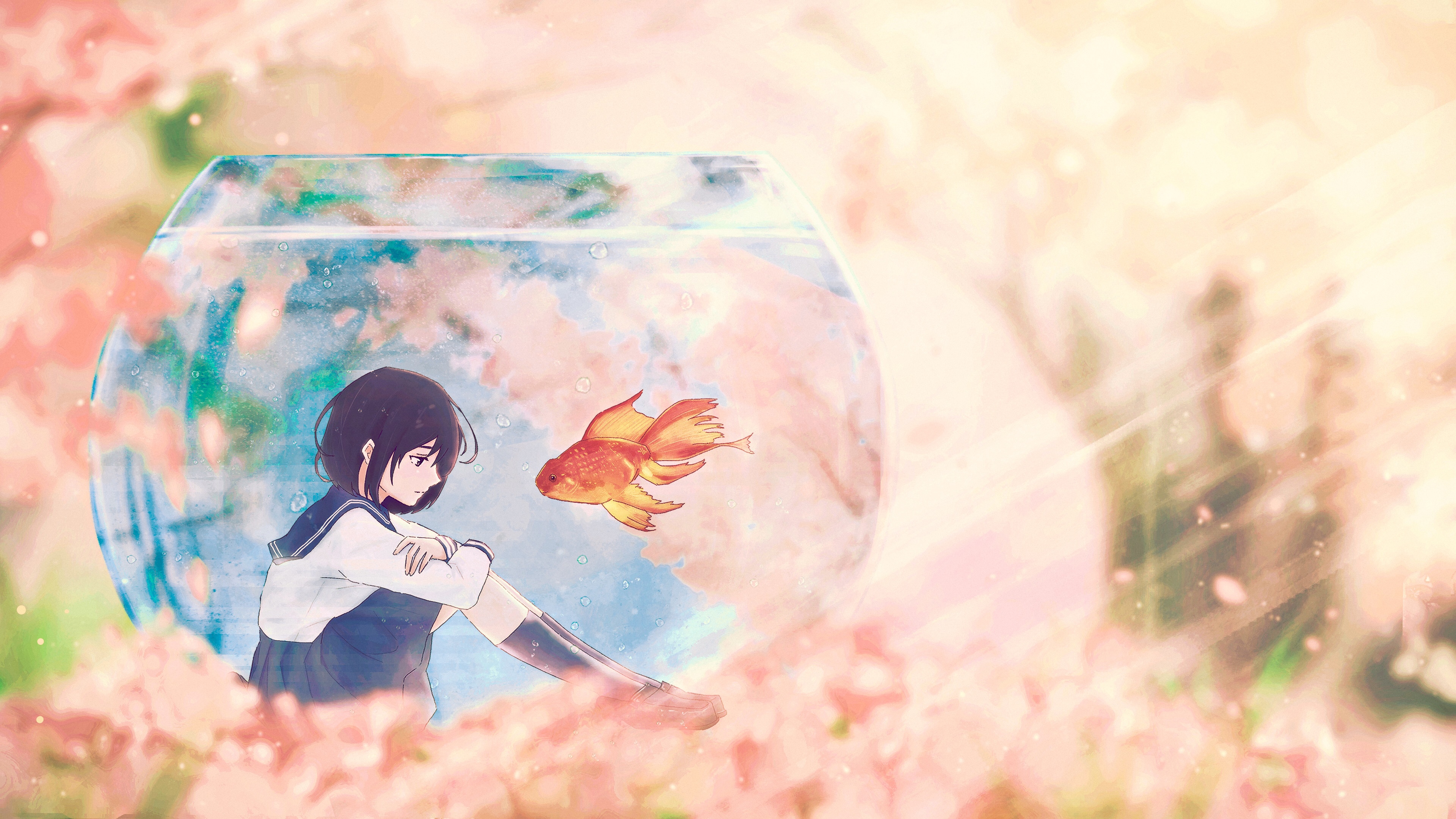 Girl and goldfish in a fishbowl with flowers HD Wallpaper