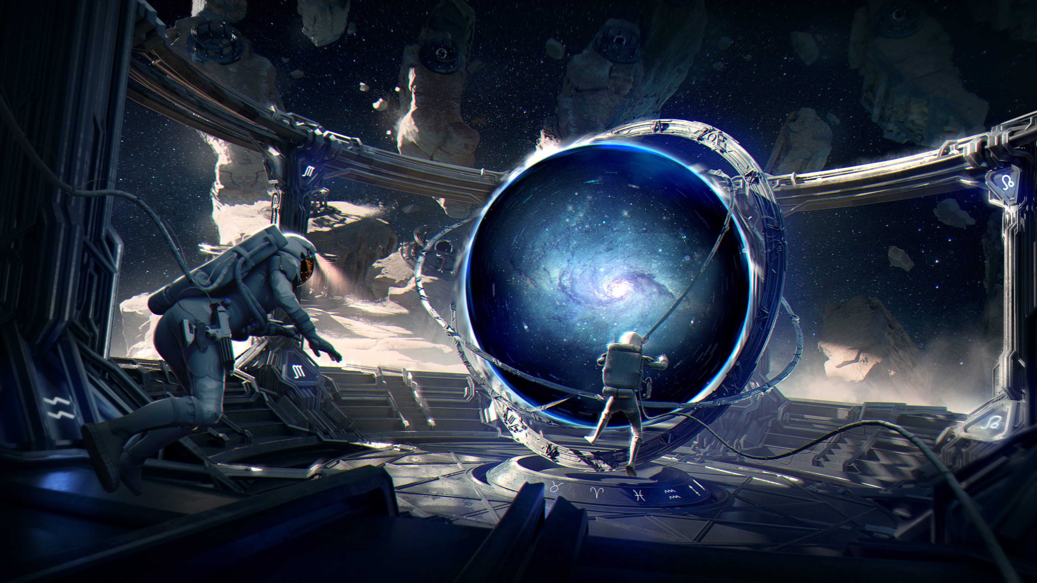 Astronauts interact with a cosmic portal in space HD Wallpaper