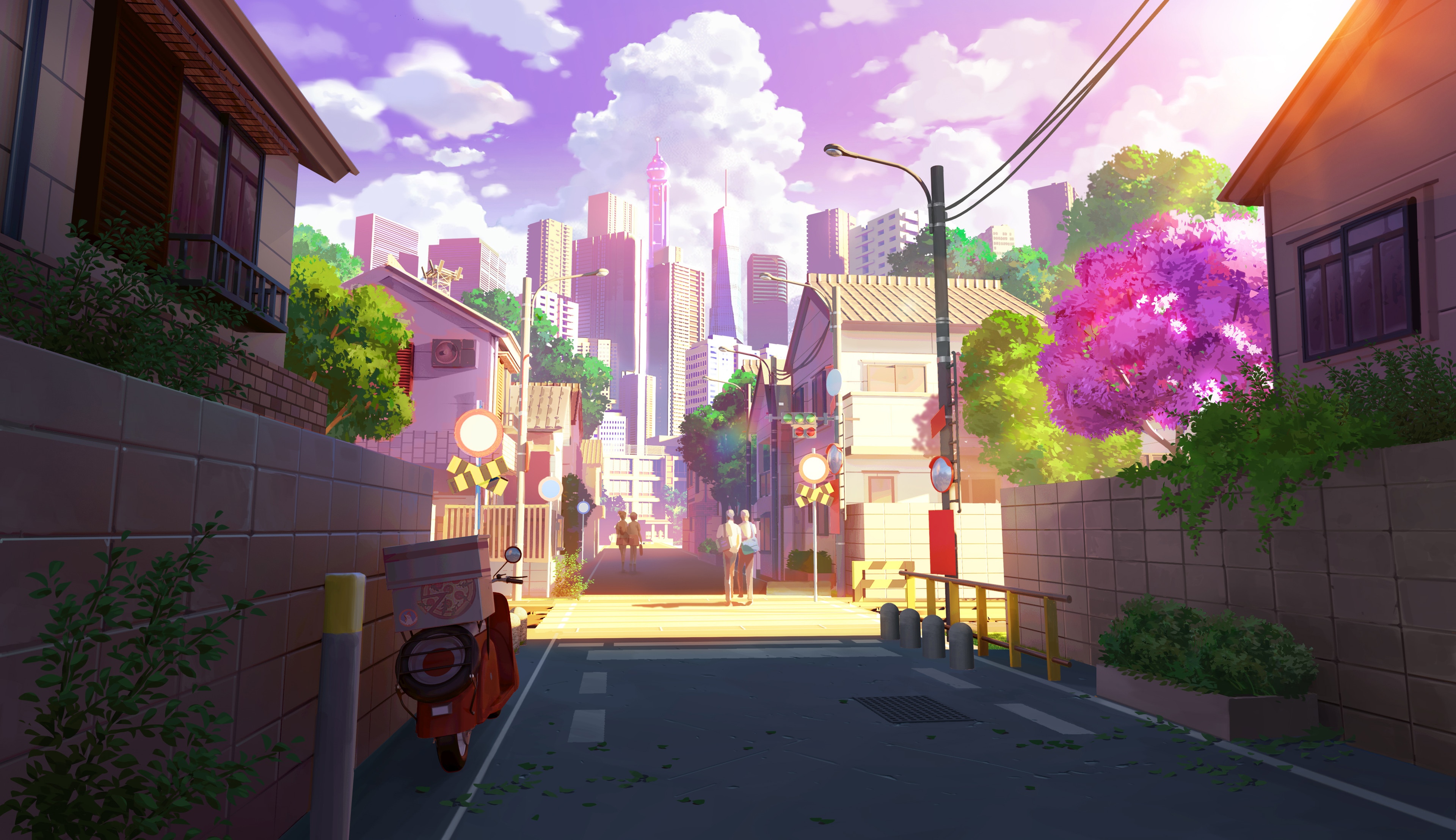 Anime cityscape with buildings and trees HD Wallpaper