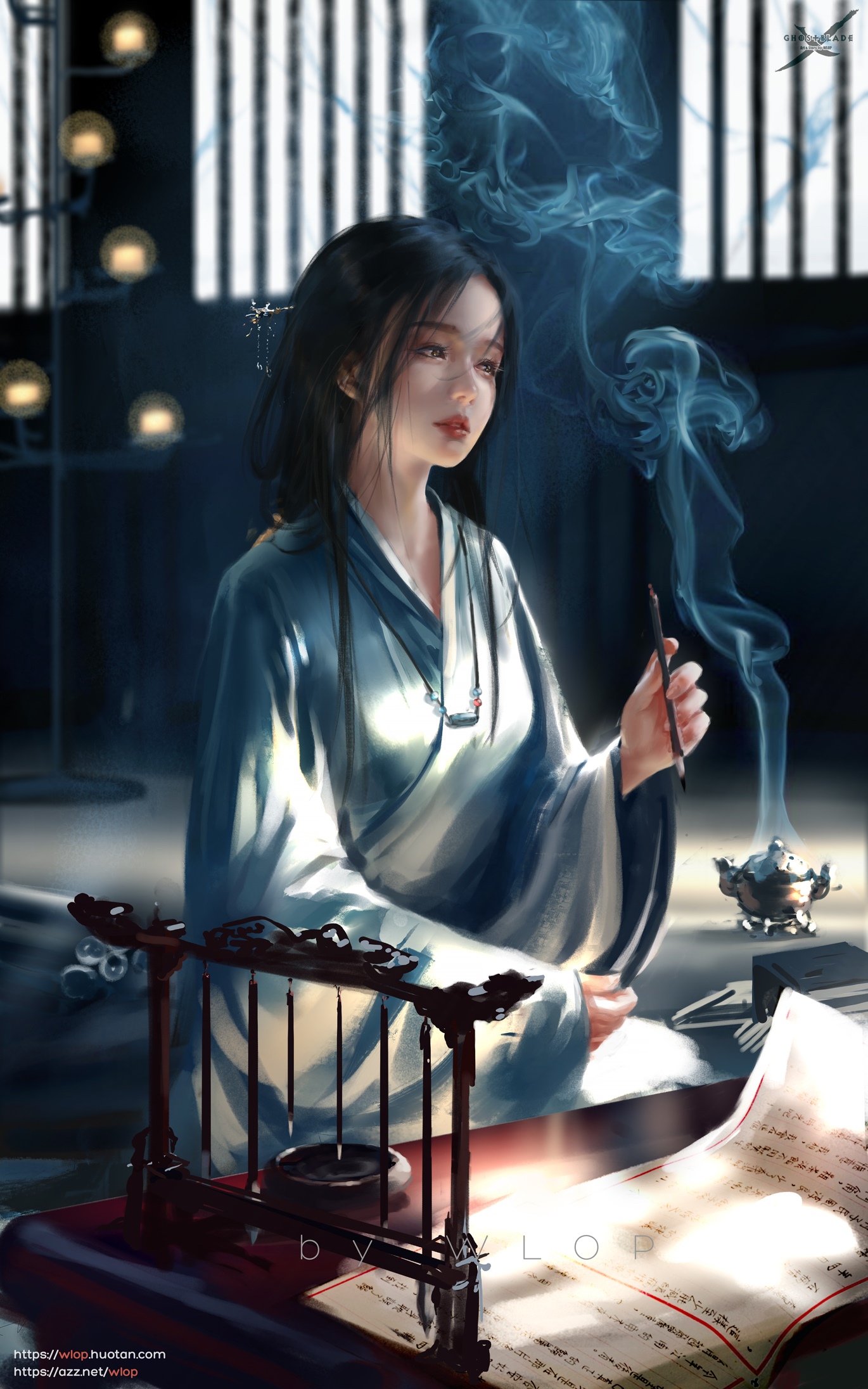 WLOP's fantasy art of a woman writing with ink and smoke HD Phone Wallpaper