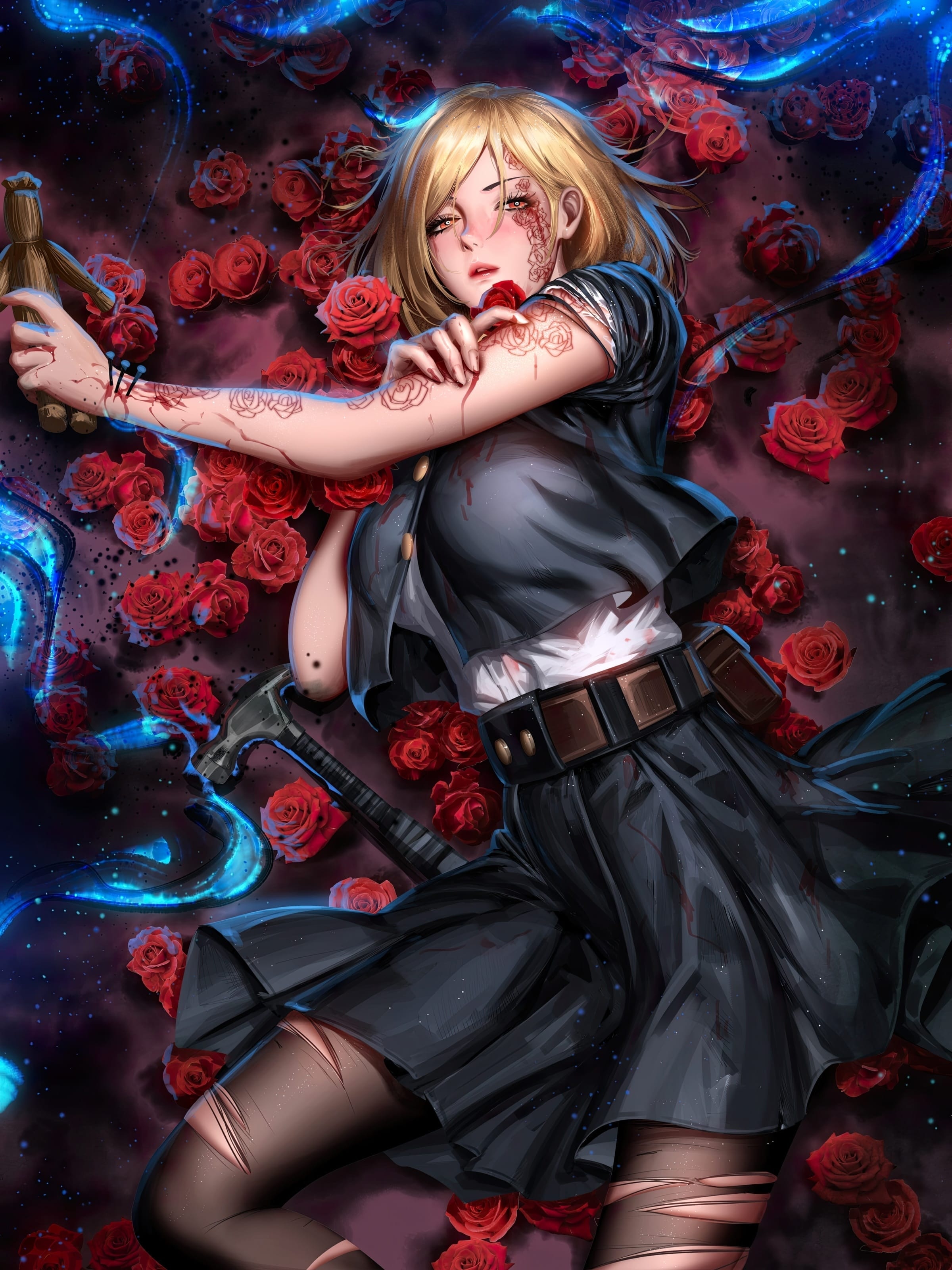 Kugisaki Nobara surrounded by roses with a hammer HD Phone Wallpaper