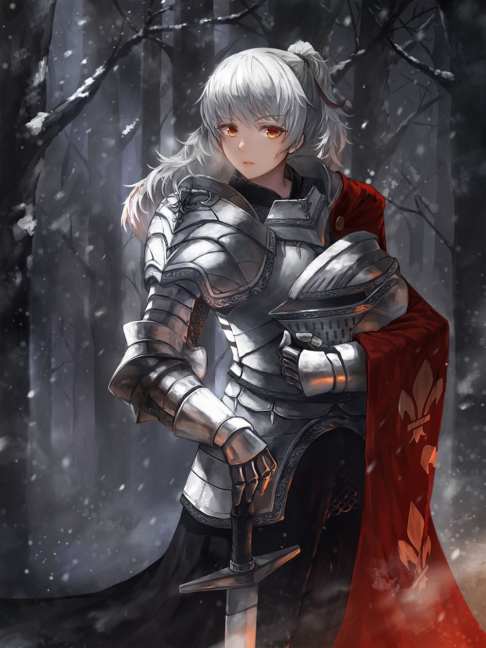 Anime knight with sword in snowy forest HD Phone Wallpaper