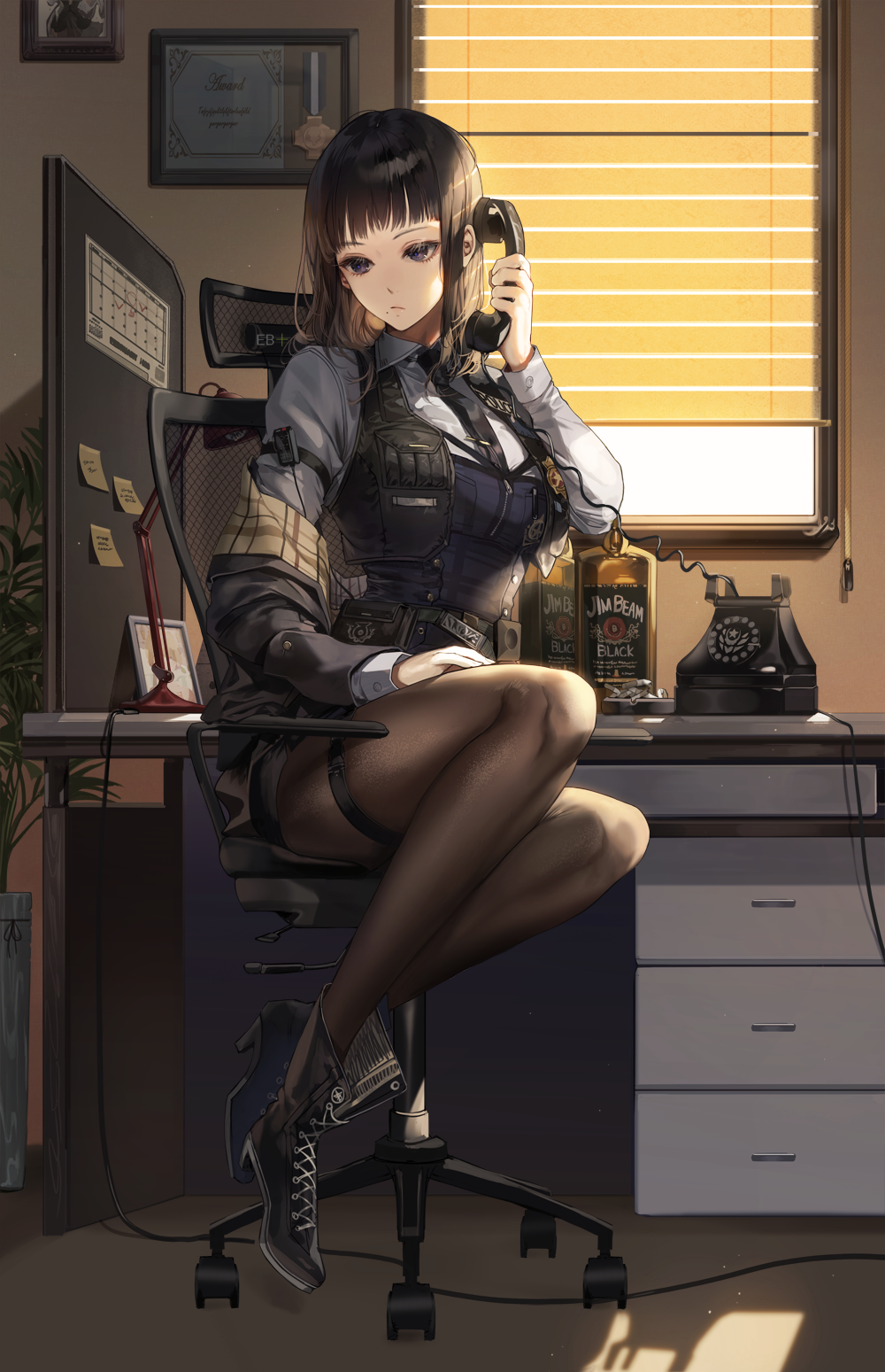 Woman in police costume on the phone HD Phone Wallpaper