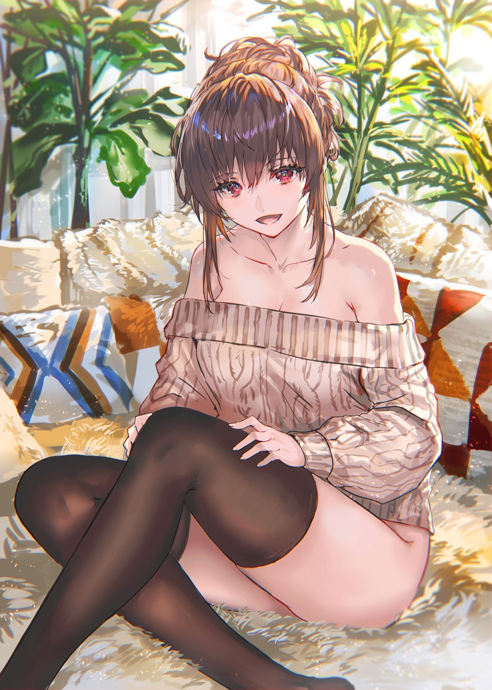 Woman in off-shoulder sweater and stockings HD Phone Wallpaper
