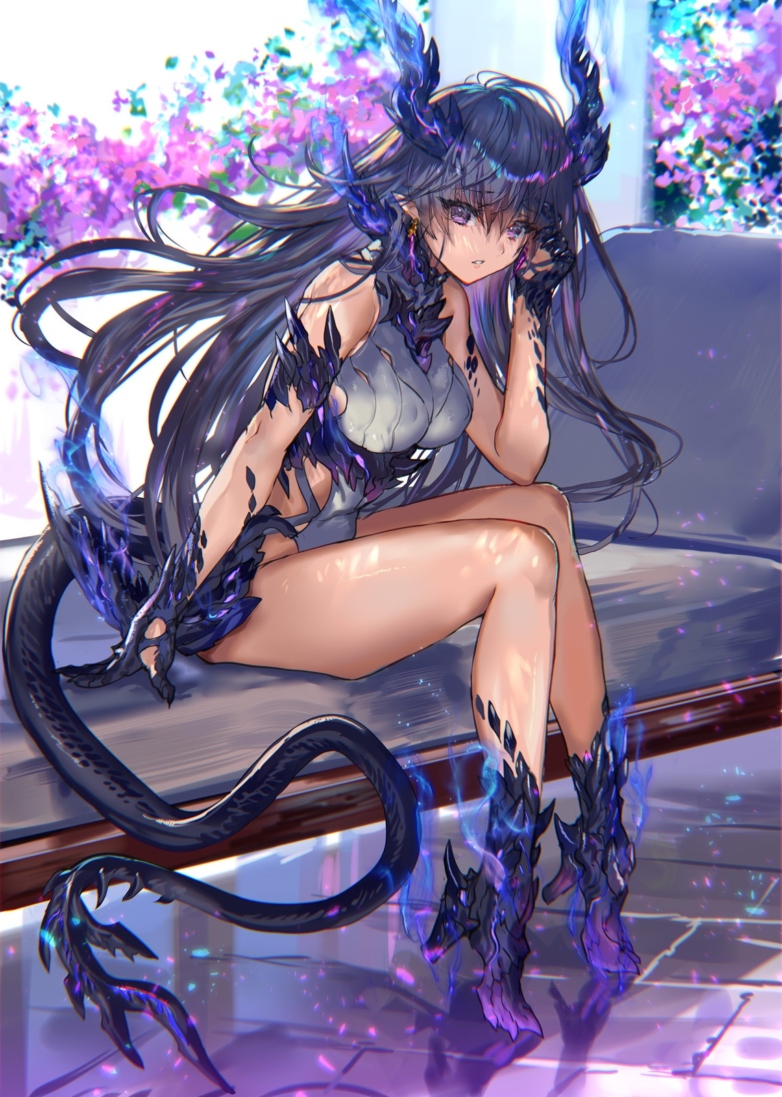 Dragon girl with horns and tail sitting on a couch HD Phone Wallpaper