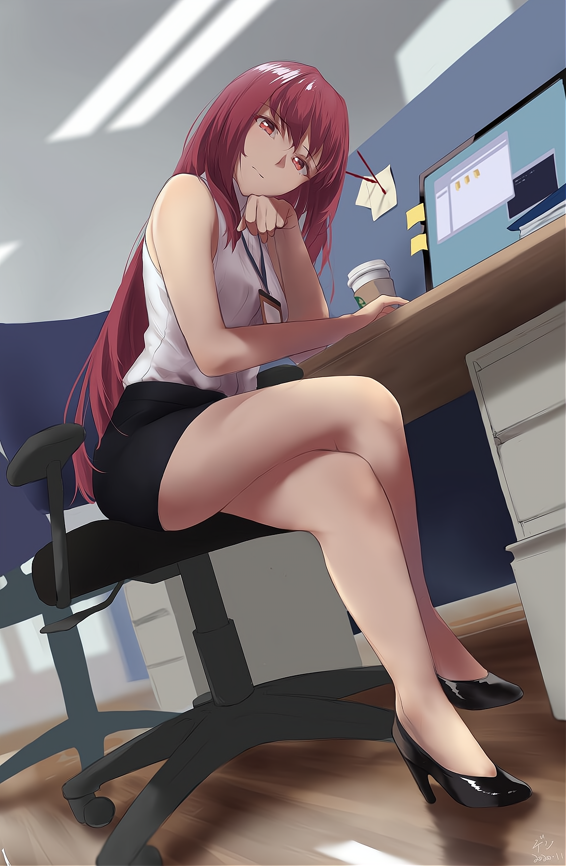 Office girl with red hair and red eyes at a desk HD Phone Wallpaper