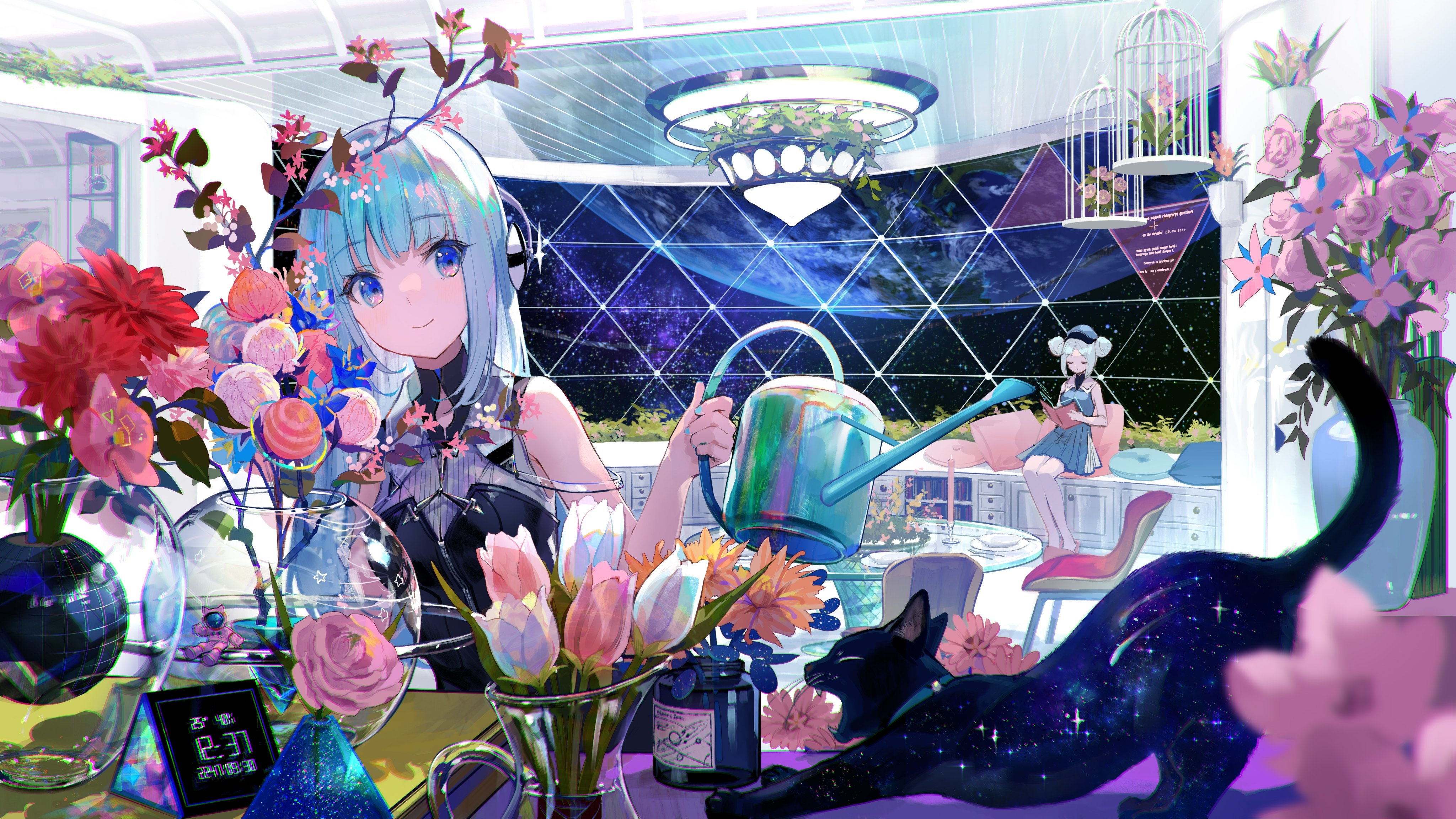4K anime girl with blue hair watering flowers in space HD Wallpaper