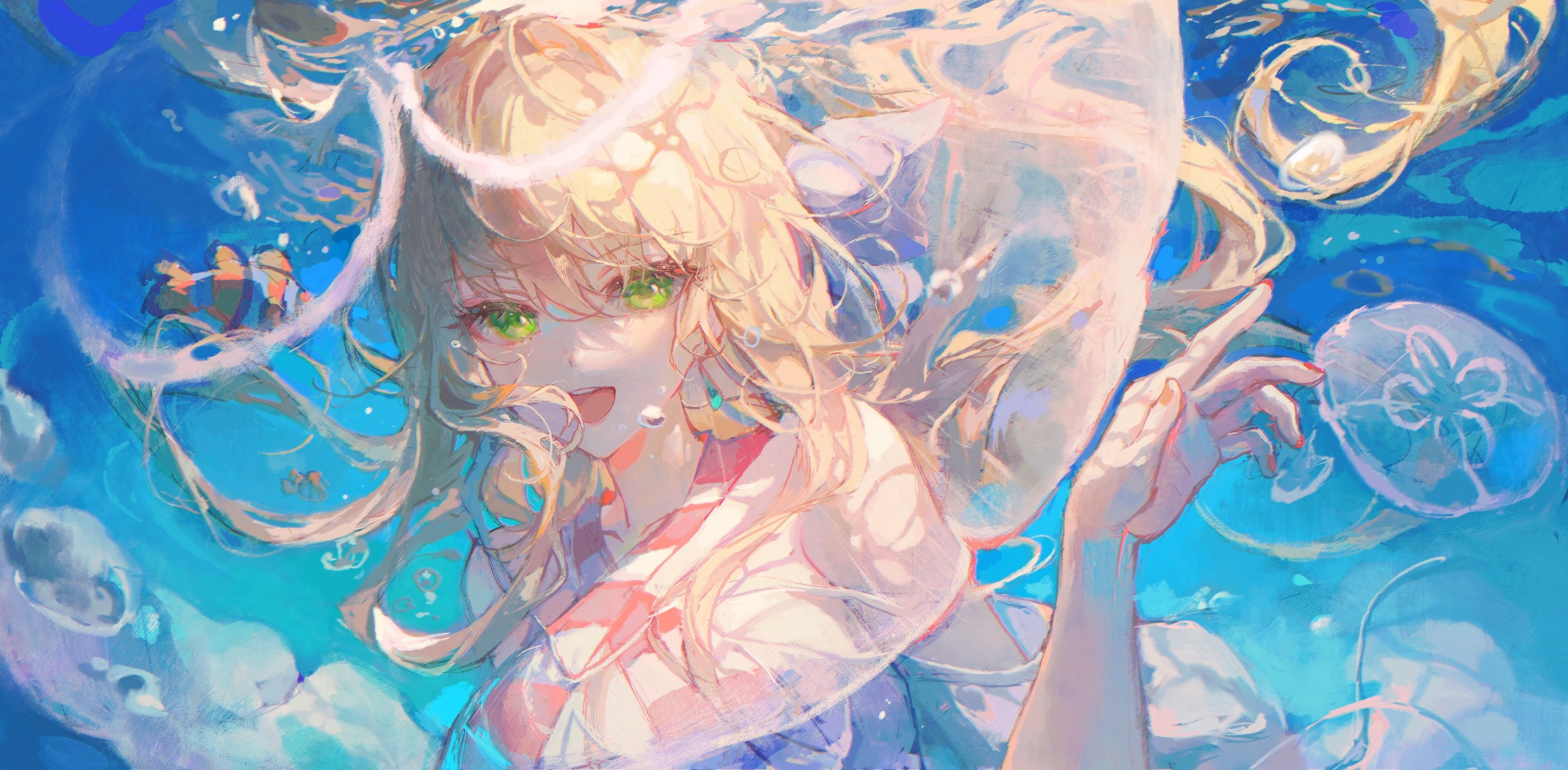 Girl with green eyes and blonde hair underwater with fish HD Wallpaper