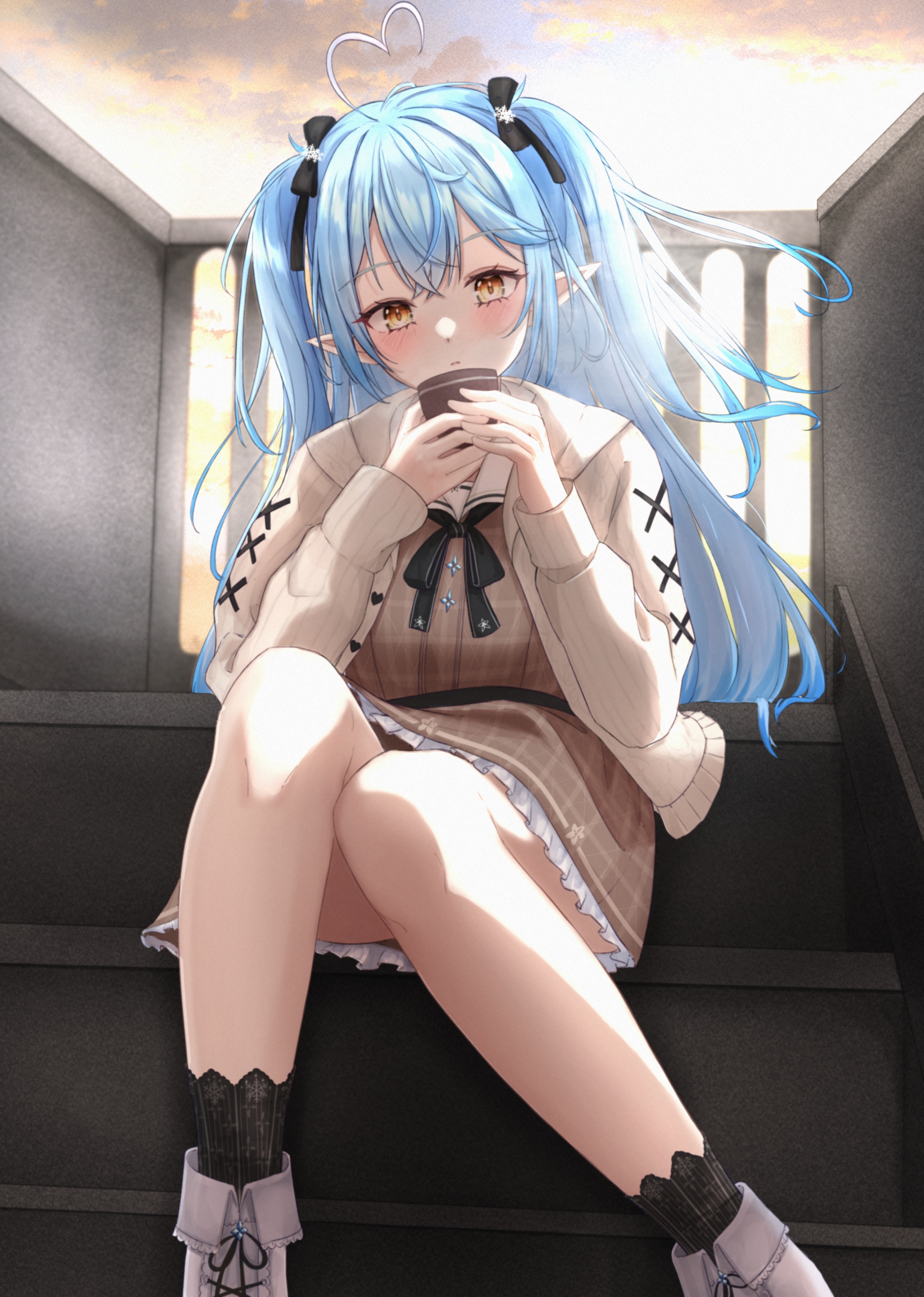 Anime girl with blue hair and yellow eyes drinking coffee HD Phone Wallpaper