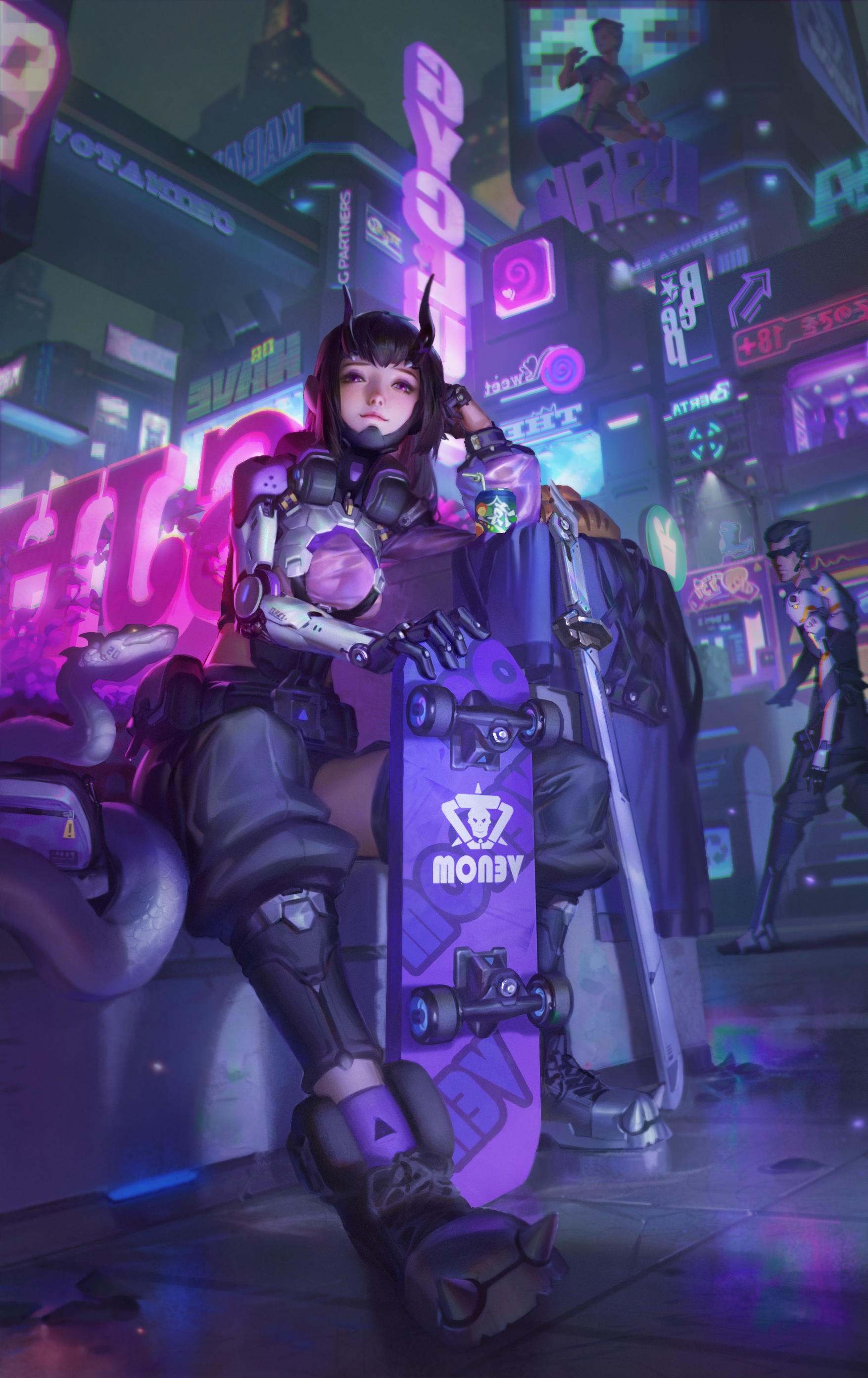 Girl with skateboard and snake in neon city HD Phone Wallpaper
