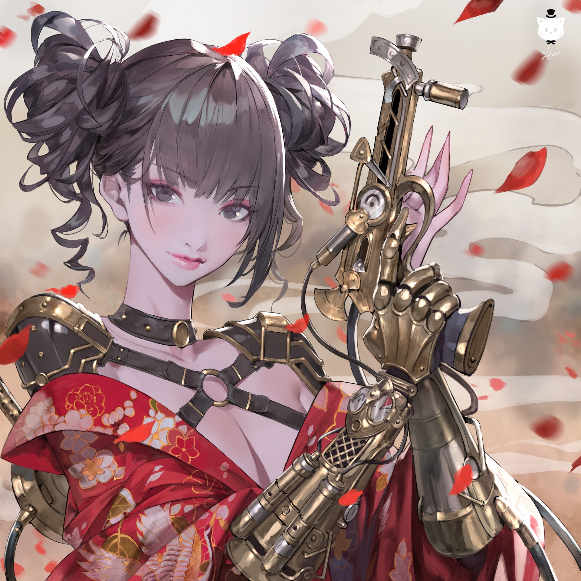 Steampunk girl with a golden gun and red dress HD Wallpaper