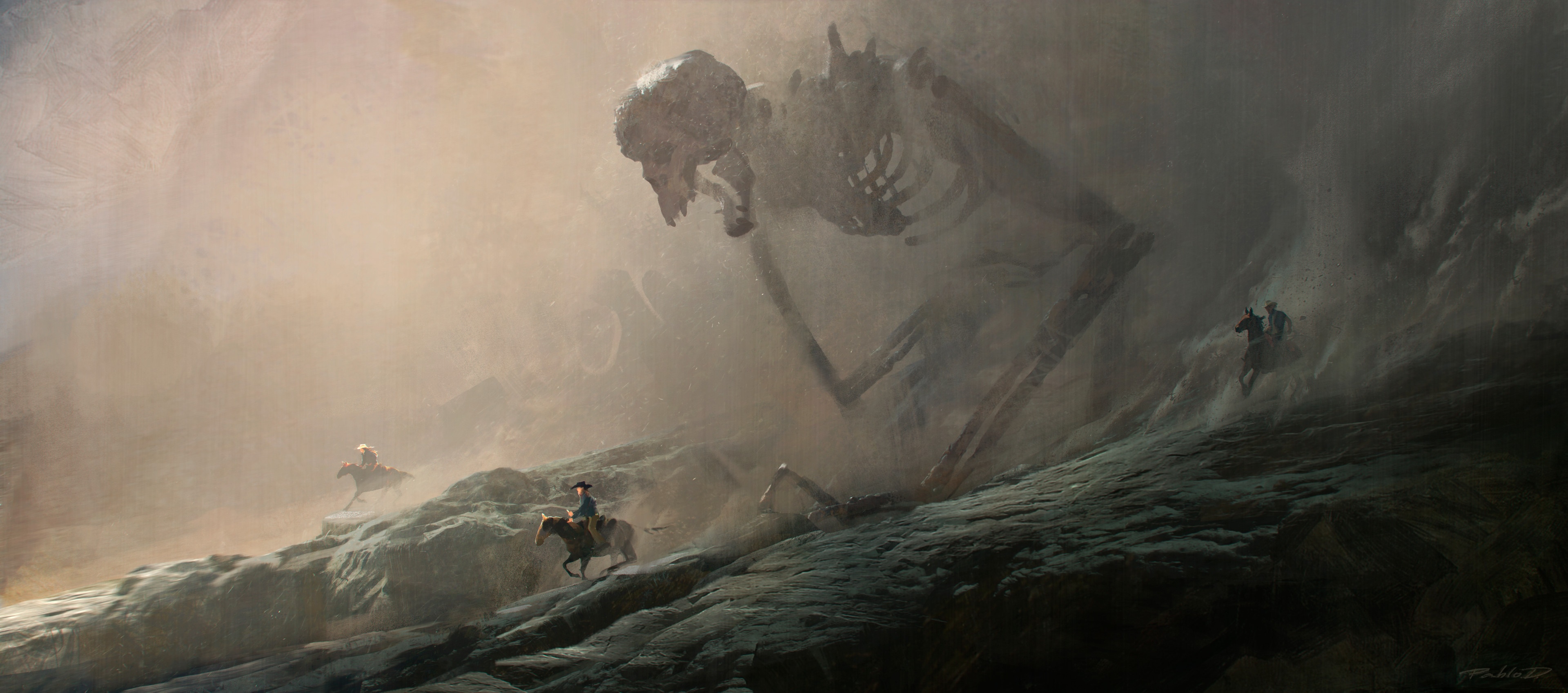 4K Skeleton and Cowboys in a Dusty Landscape HD Wallpaper