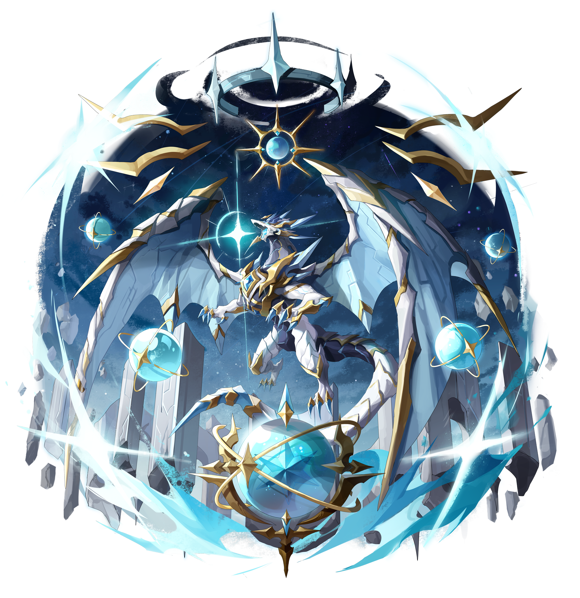Dragon with celestial orbs and structures HD Wallpaper