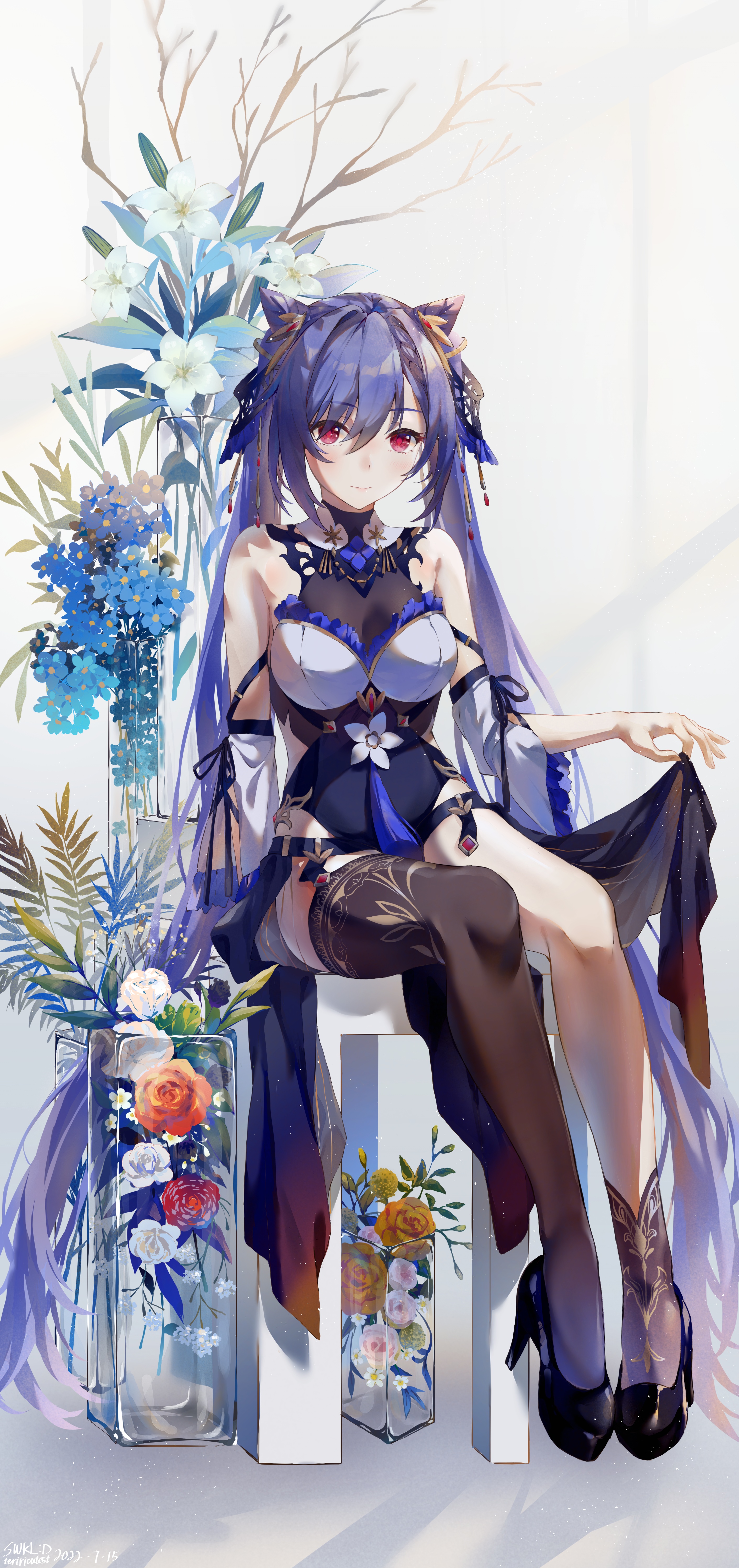 Keqing from Genshin Impact with flowers HD Phone Wallpaper