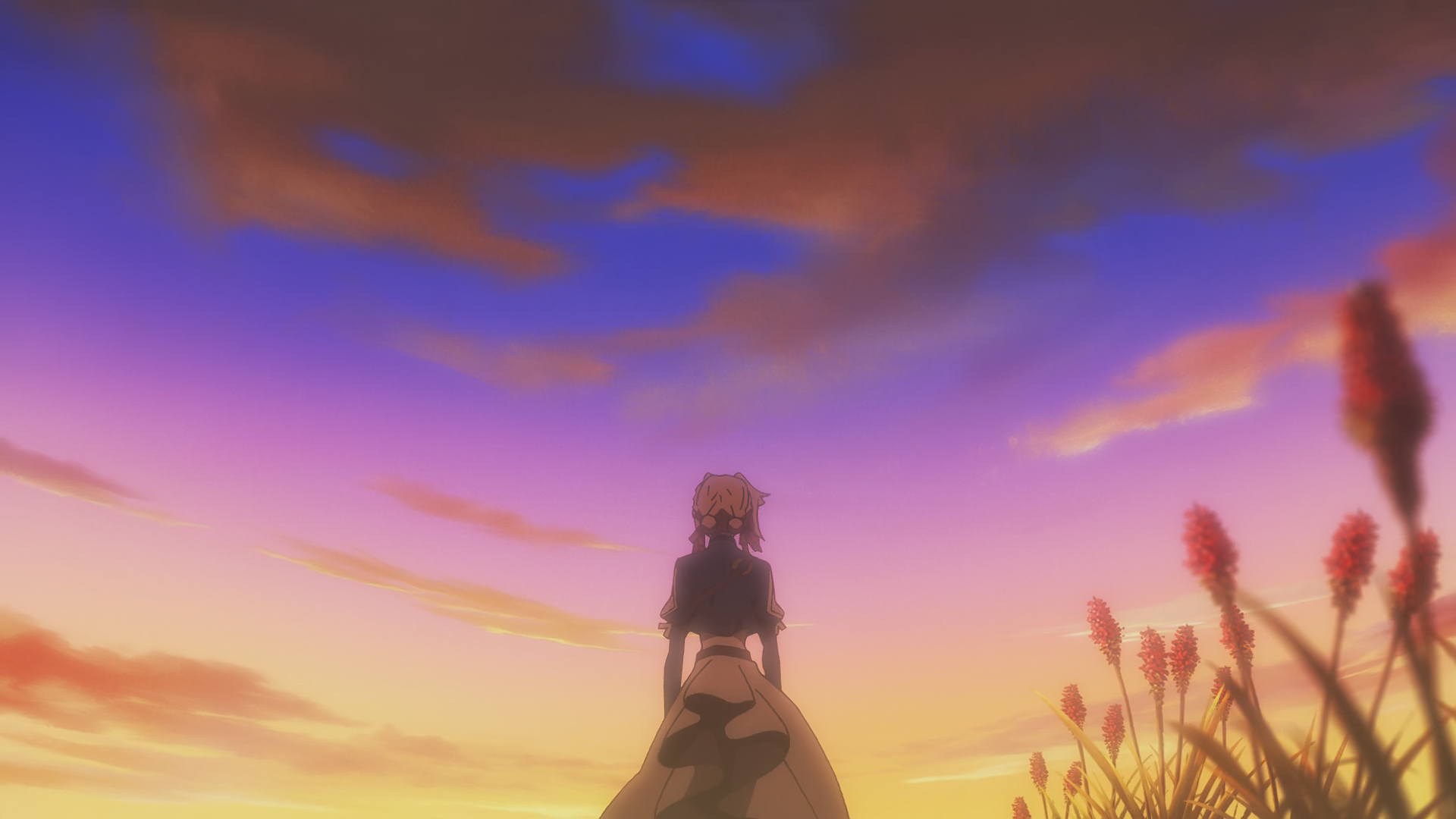 Violet Evergarden standing in a field at sunset HD Wallpaper
