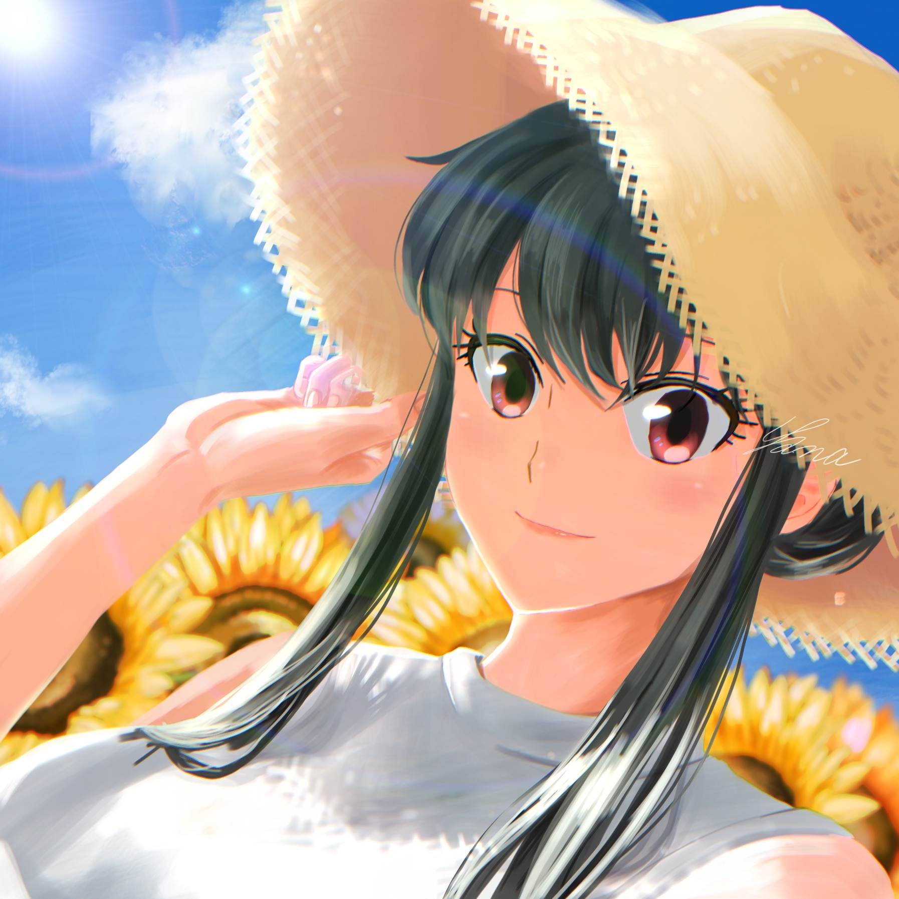 Yor Forger wearing a straw hat in a sunflower field HD Wallpaper