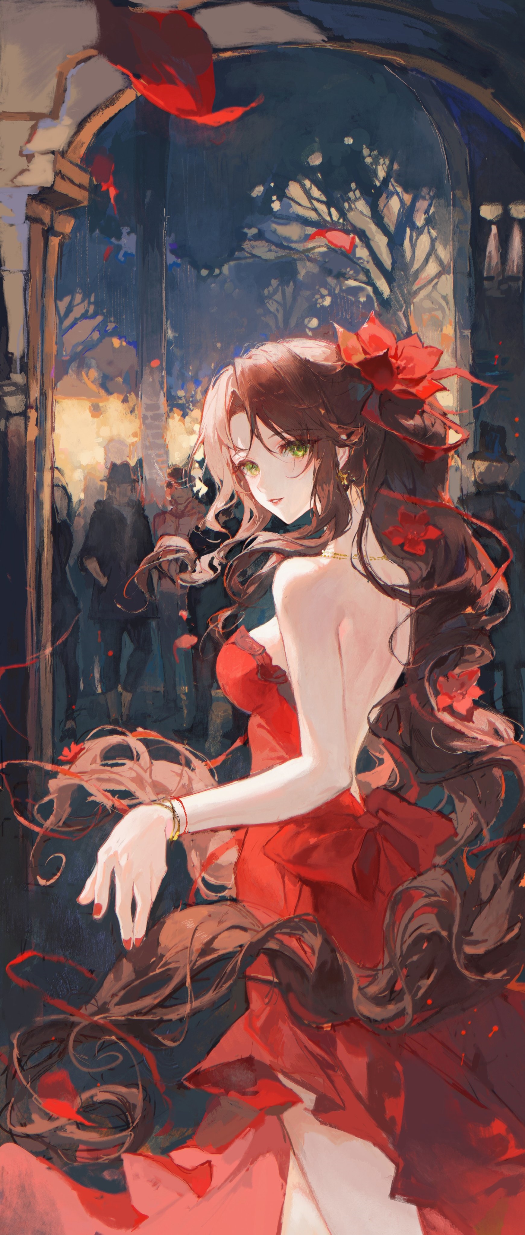 Aerith Gainsborough in a red dress with petals HD Phone Wallpaper