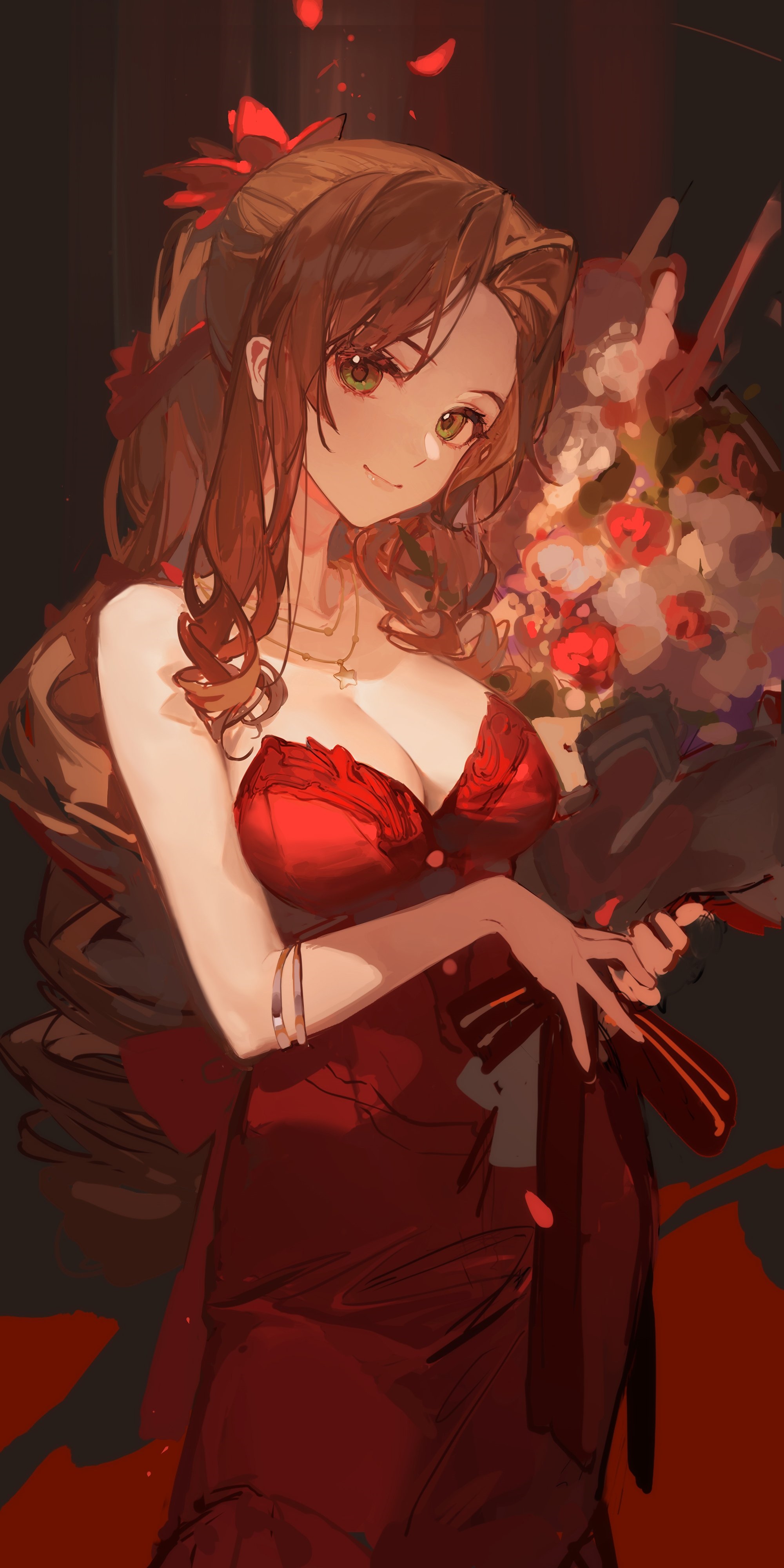 Aerith Gainsborough in a red dress with flowers HD Phone Wallpaper
