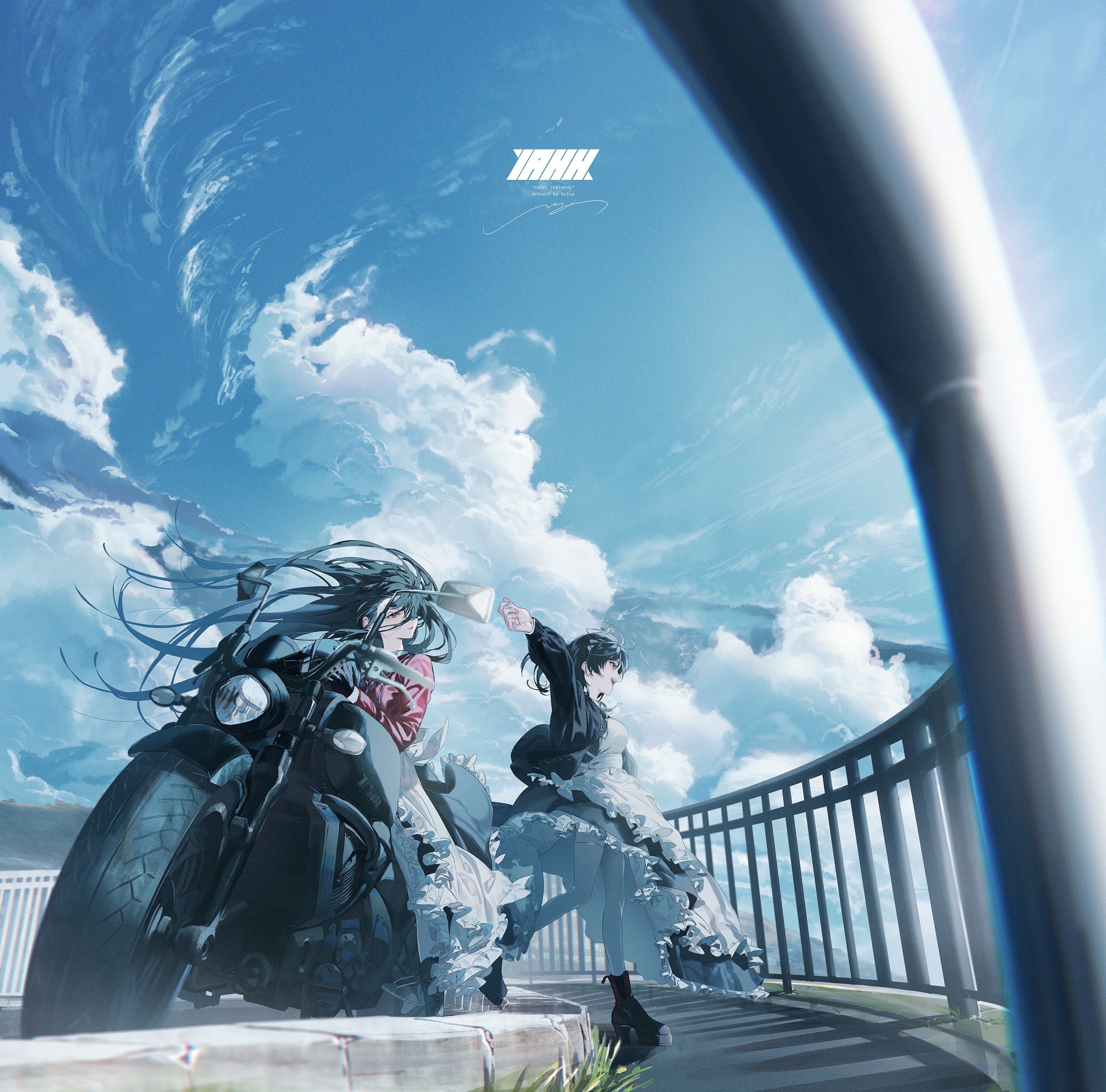 Two girls on a motorcycle under a cloudy sky HD Wallpaper