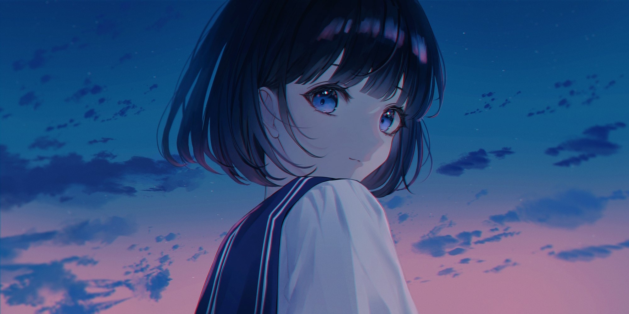 Anime schoolgirl with blue eyes against a twilight sky HD Wallpaper